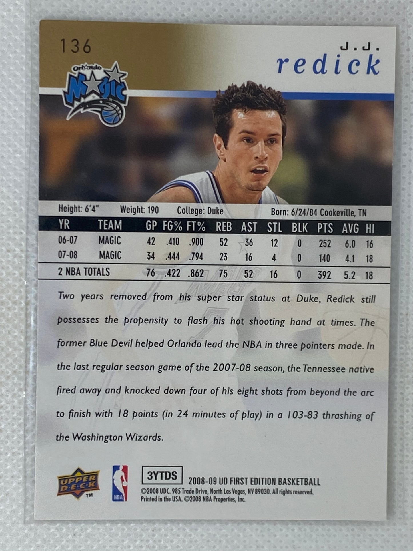 2008-09 Upper Deck First Edition Gold J.J. Redick #136 Orlando Magic