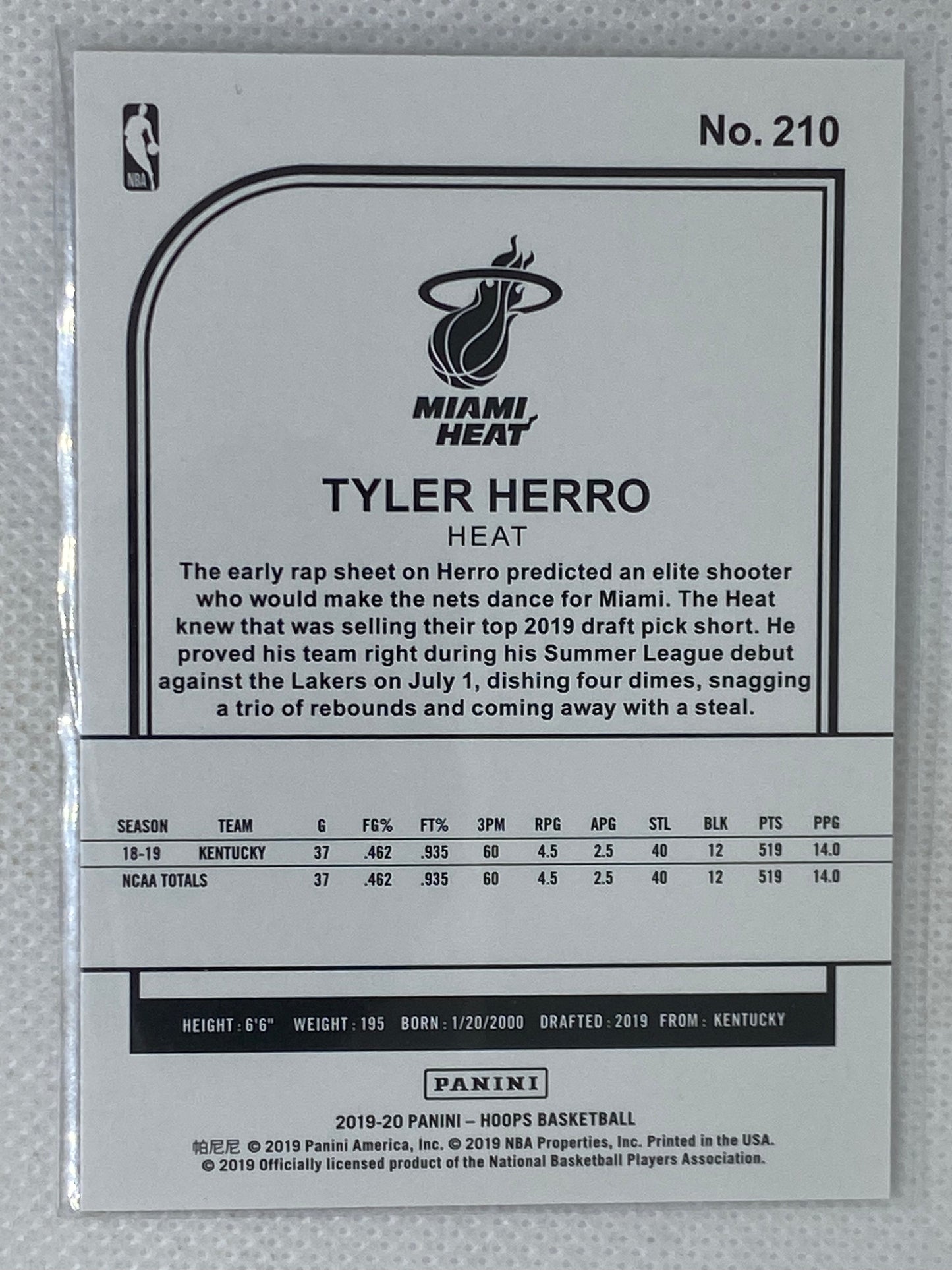 2019-20 NBA Hoops Tyler Herro Rookie Miami Heat #210