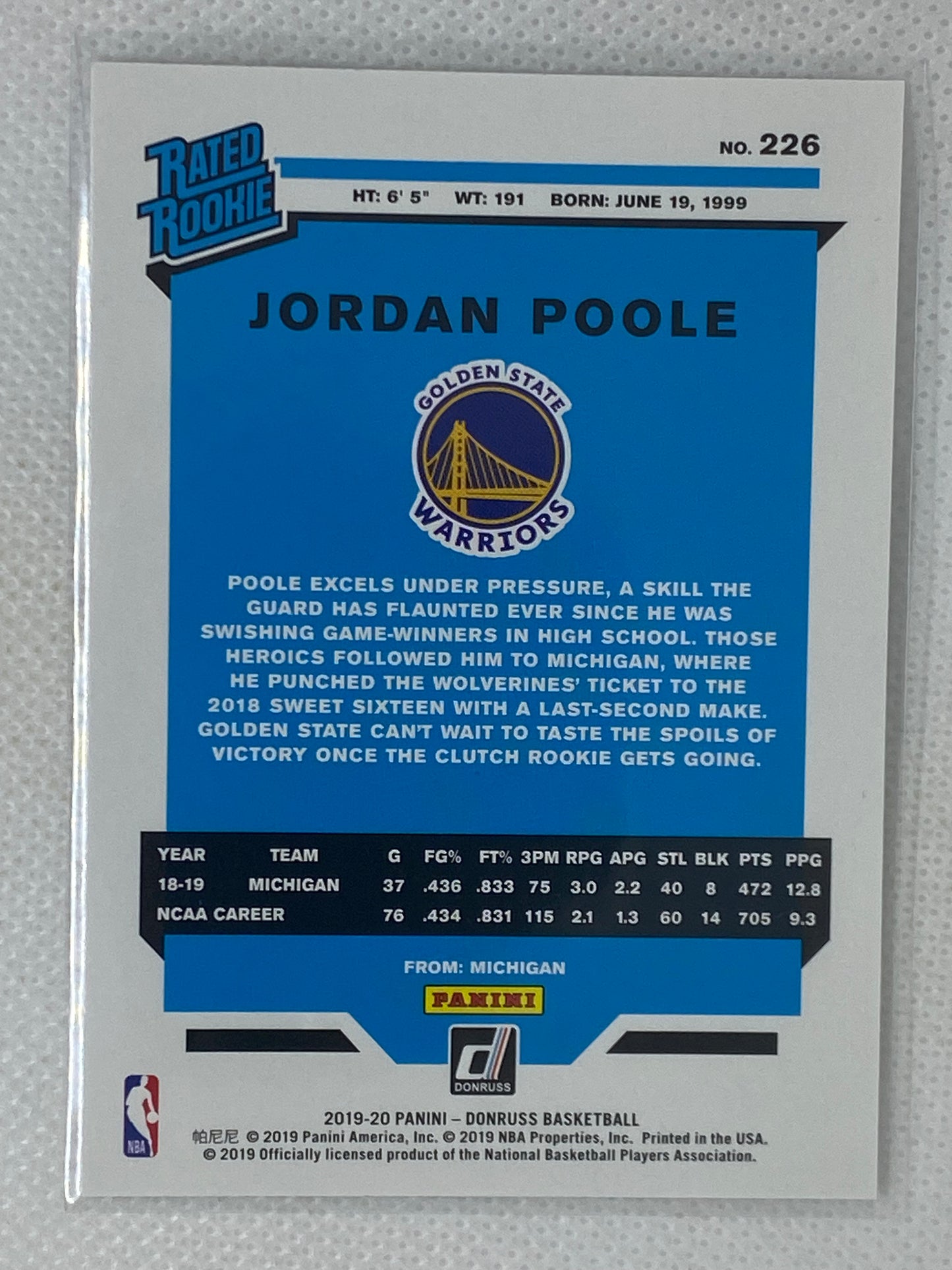 2019-20 Panini Donruss Rated Rookie Jordan Poole RC #226 Golden State Warriors