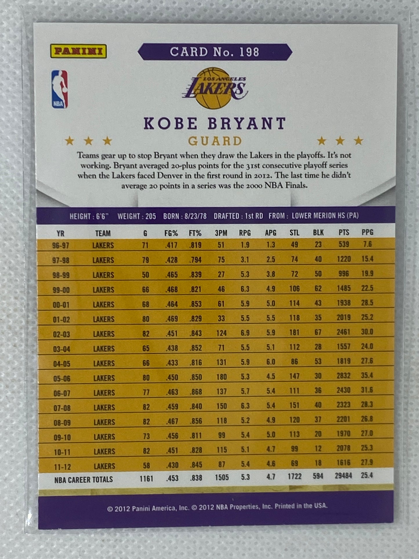 2012-13 Panini NBA Hoops #198 Kobe Bryant Los Angeles Lakers