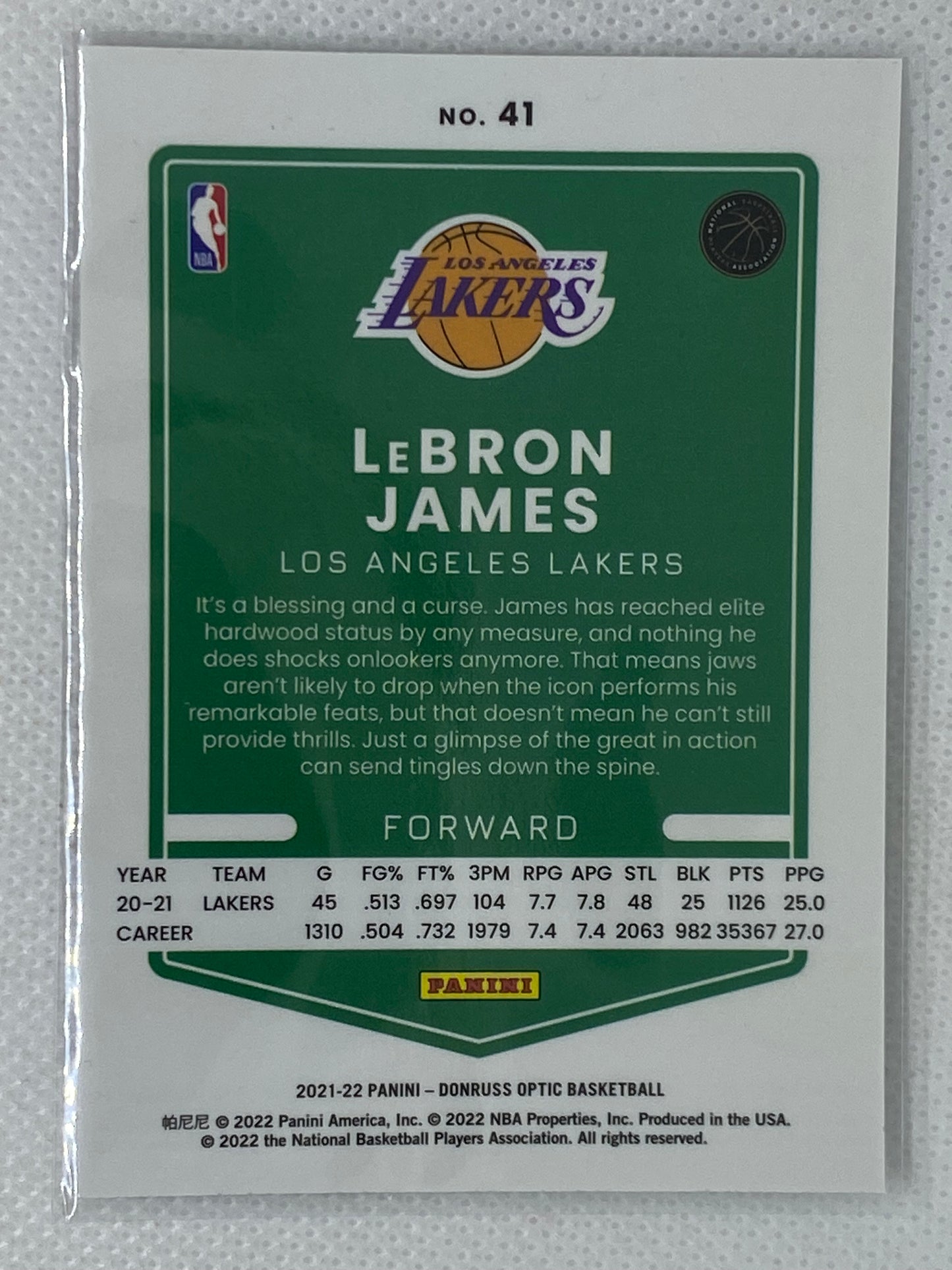 2021-22 Donruss Optic #41 Lebron James Los Angeles Lakers