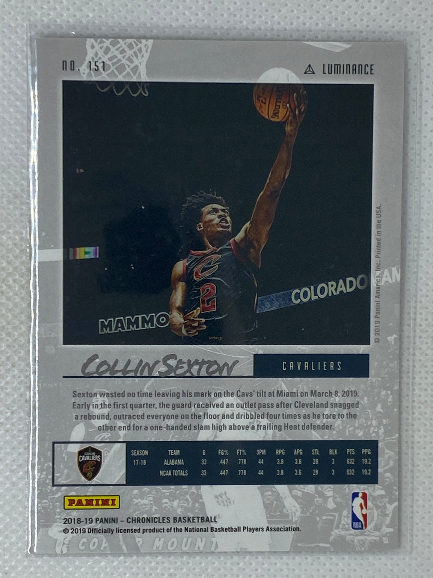 2018-19 Panini Chronicles Collin Sexton Rookie Luminance #151 Cleveland Cavaliers