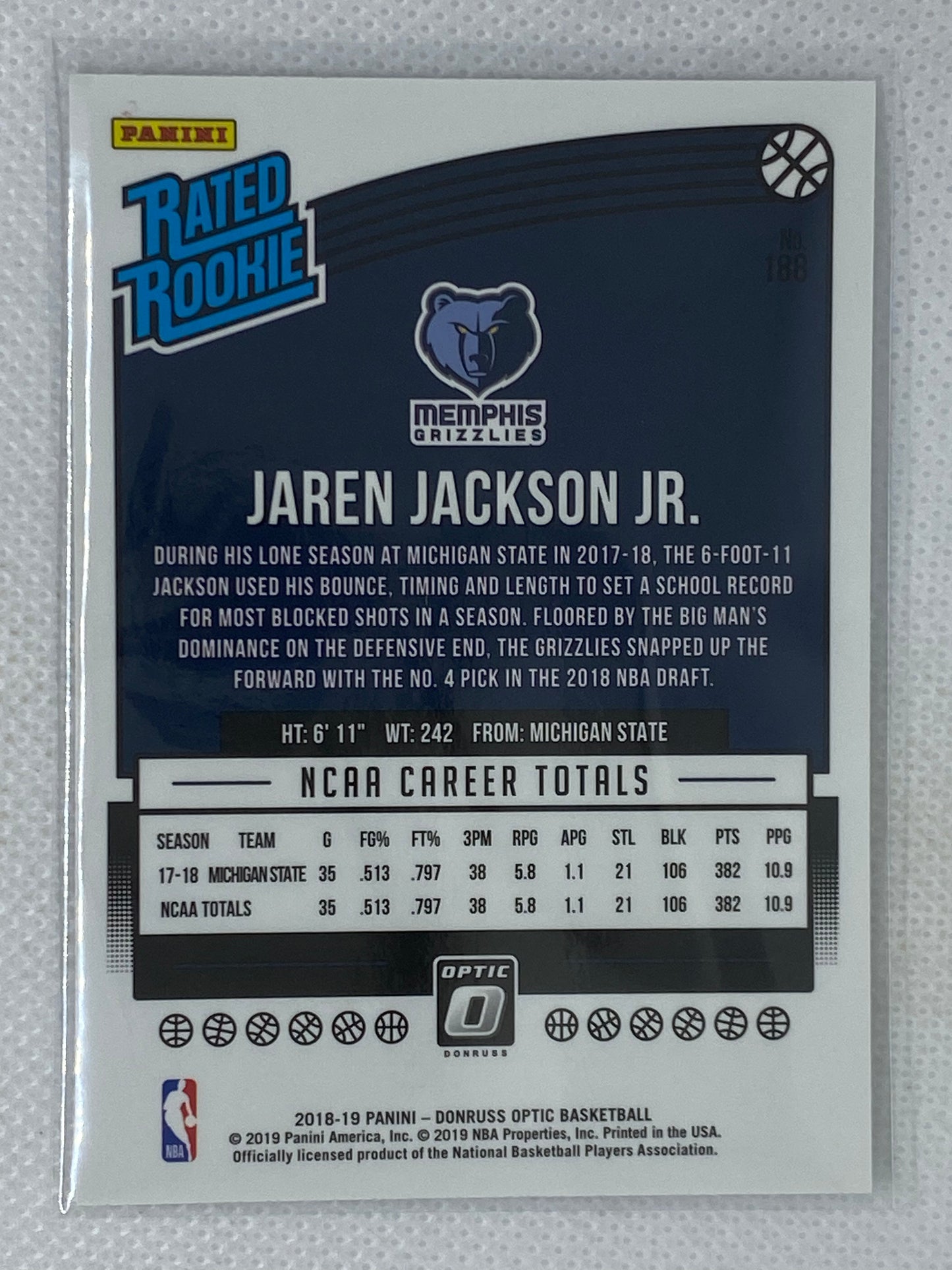 2018-19 Donruss Optic Jaren Jackson Jr. Rated Rookie #188 - Memphis Grizzlies