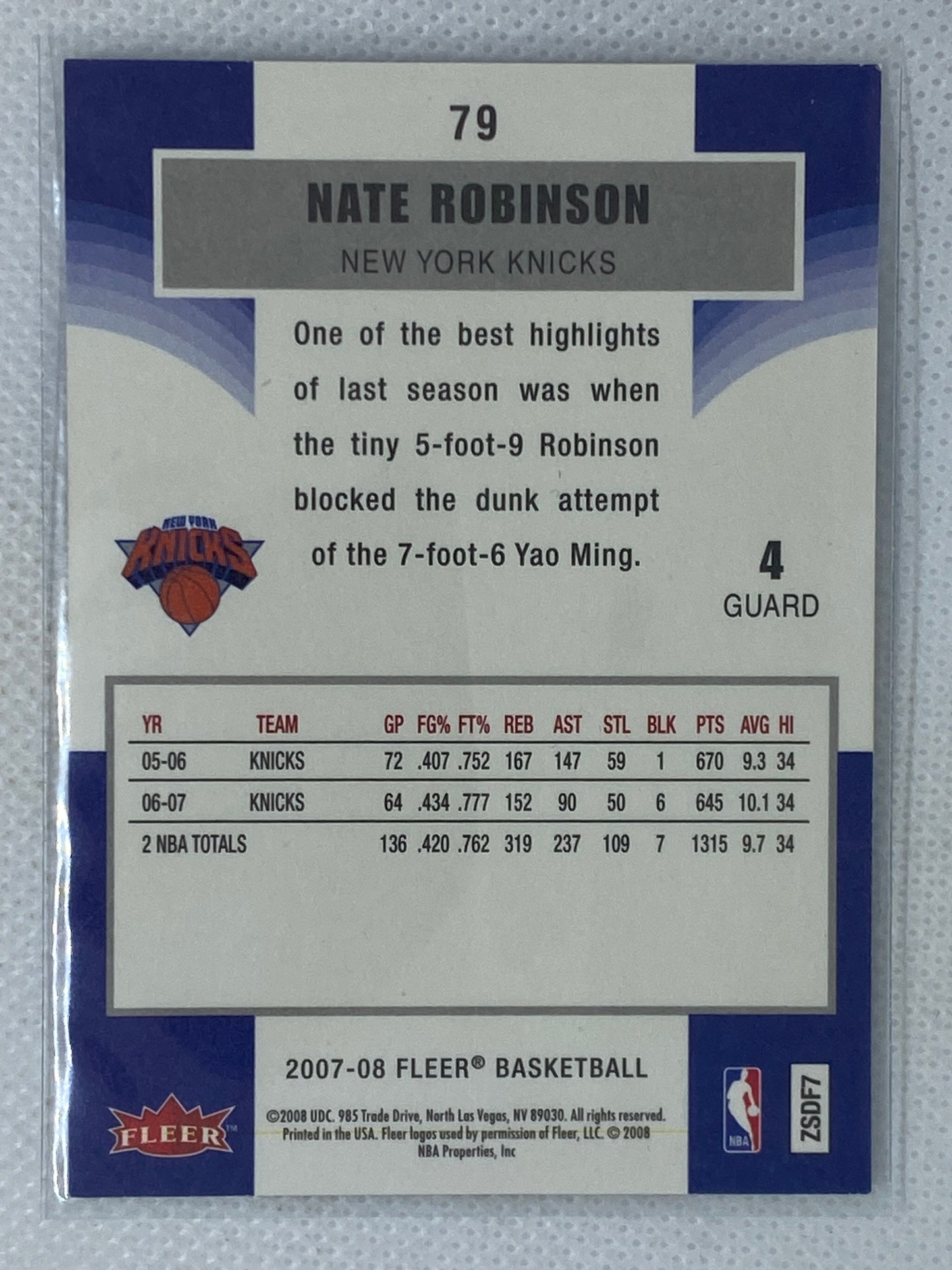 2007-08 Fleer Nate Robinson #79 New York Knicks