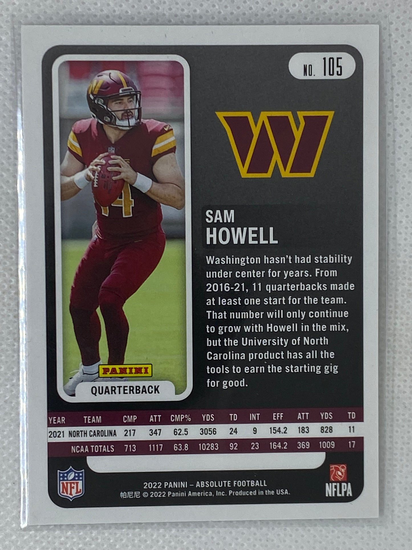 2022 Panini Absolute Rookie Card Sam Howell #105 Washington Commanders RC