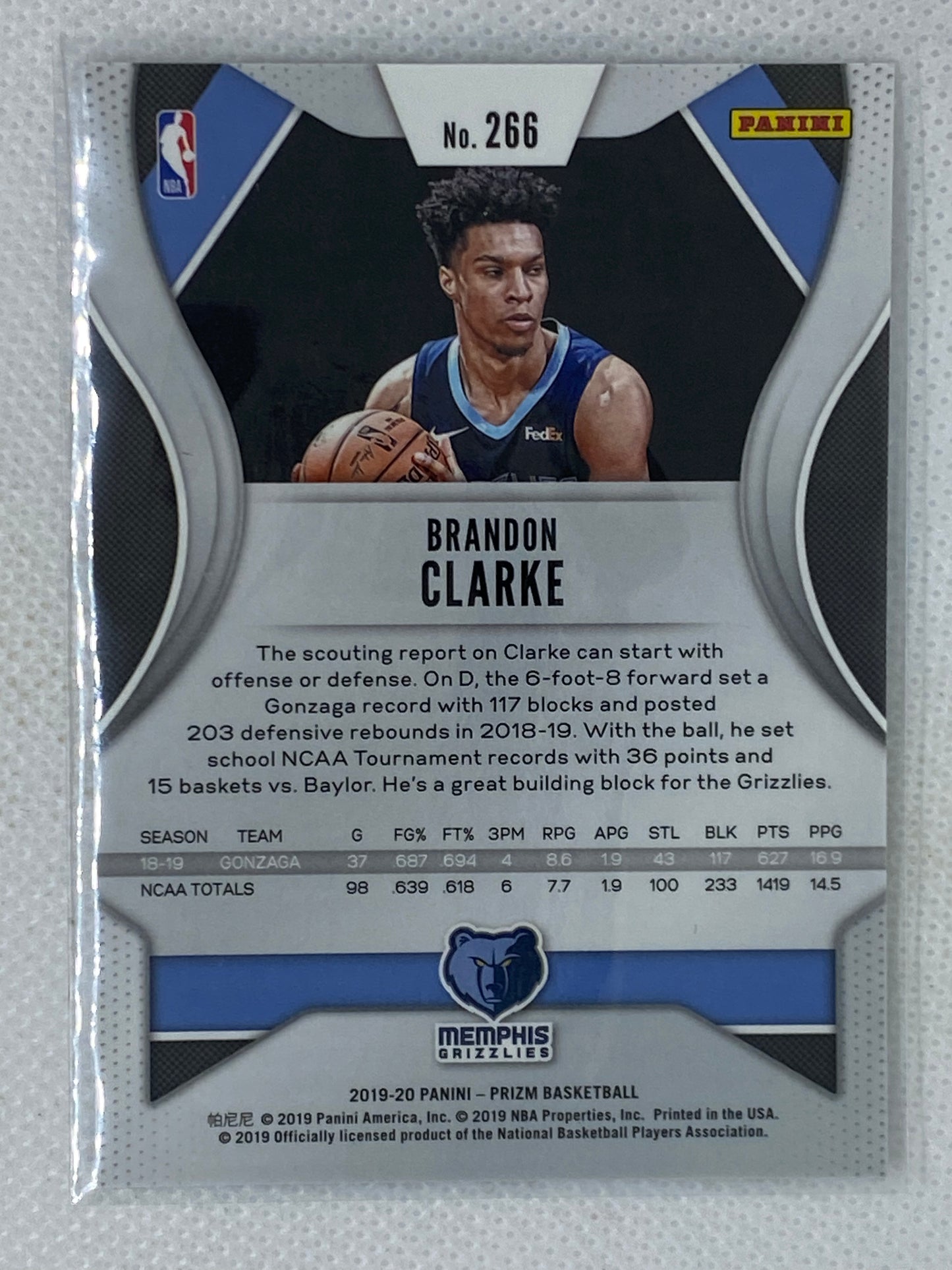 2019-20 Panini Prizm Brandon Clarke Base Rookie #266 RC Memphis Grizzlies