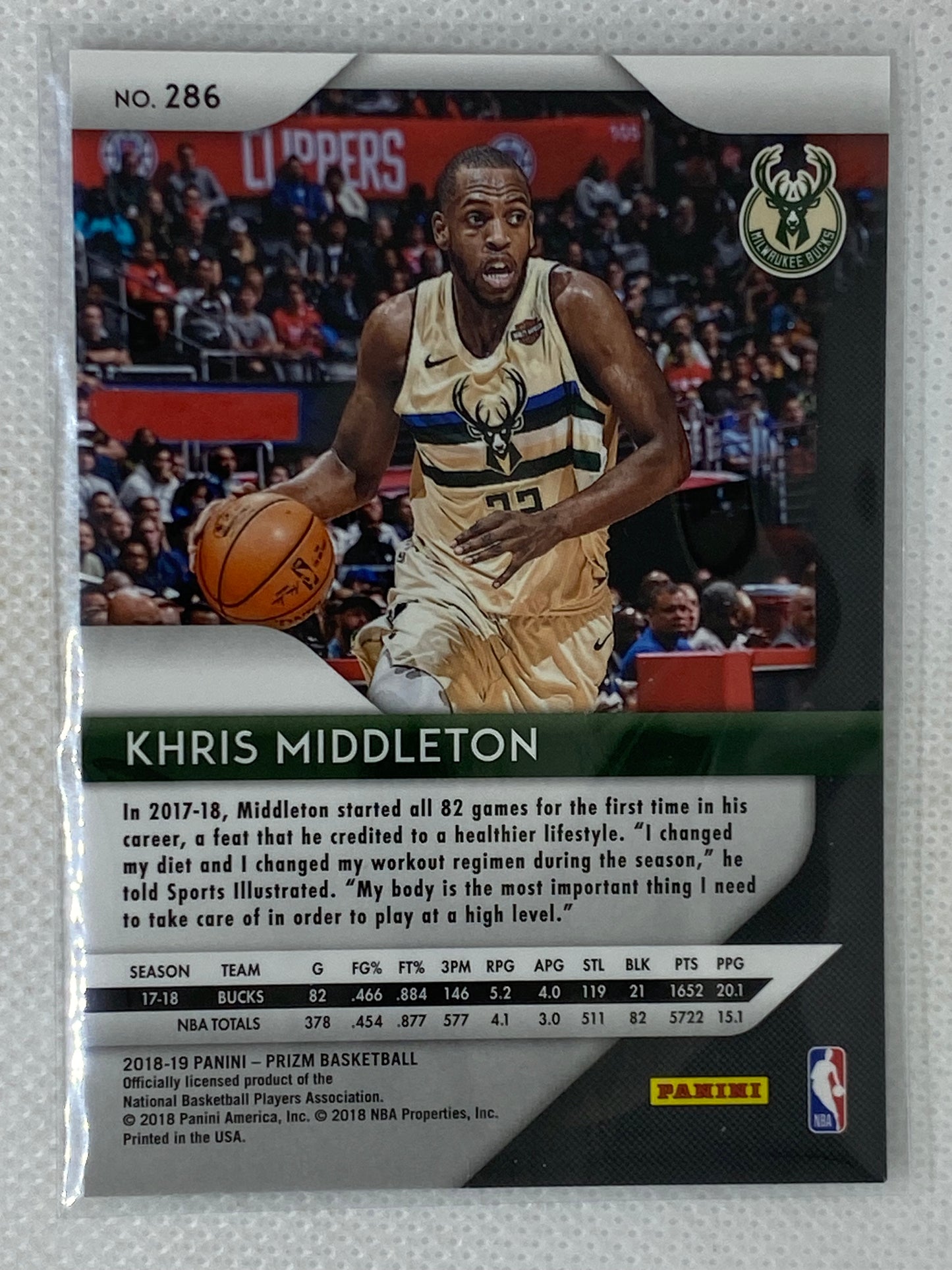 2018-19 Panini Prizm Base #286 Khris Middleton Milwaukee Bucks