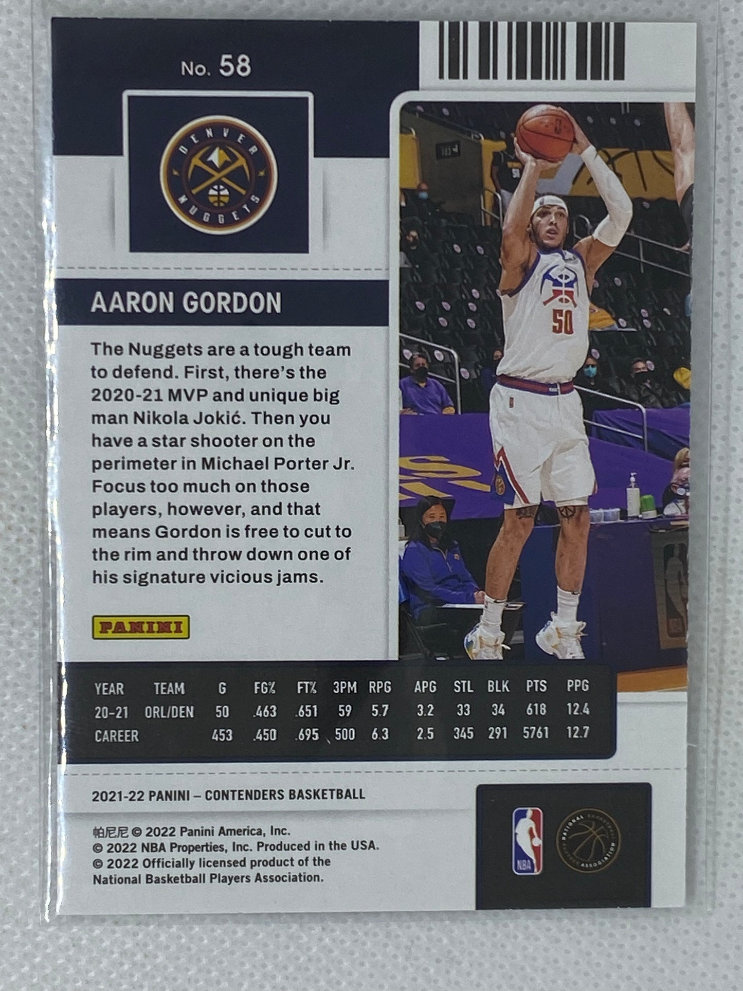 2021-22 Panini Contenders Season Ticket Aaron Gordon Denver Nuggets #58