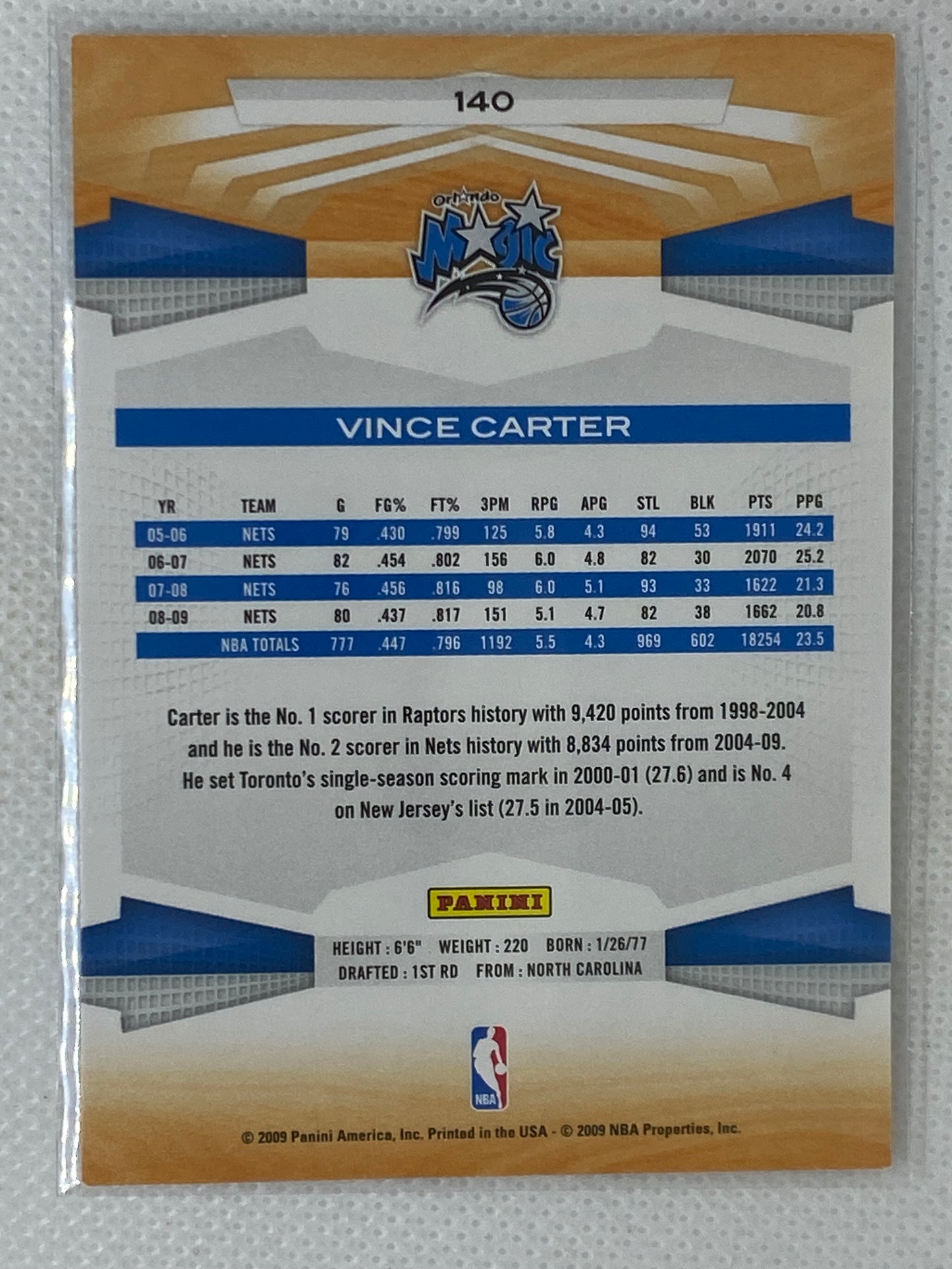 2009-10 Panini Orlando Magic Basketball Card #140 Vince Carter