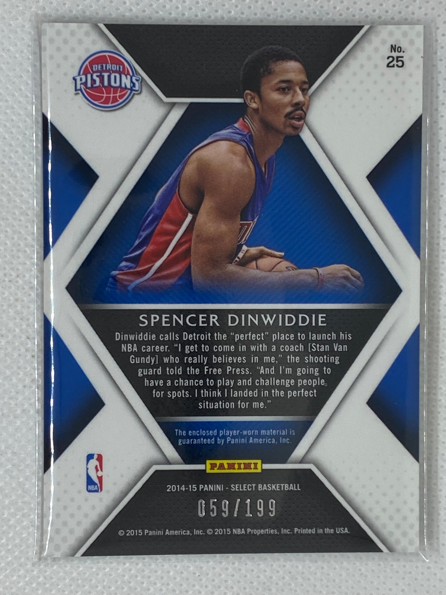 2014-15 Select Rookie Swatches #25 Spencer Dinwiddie Jersey /199