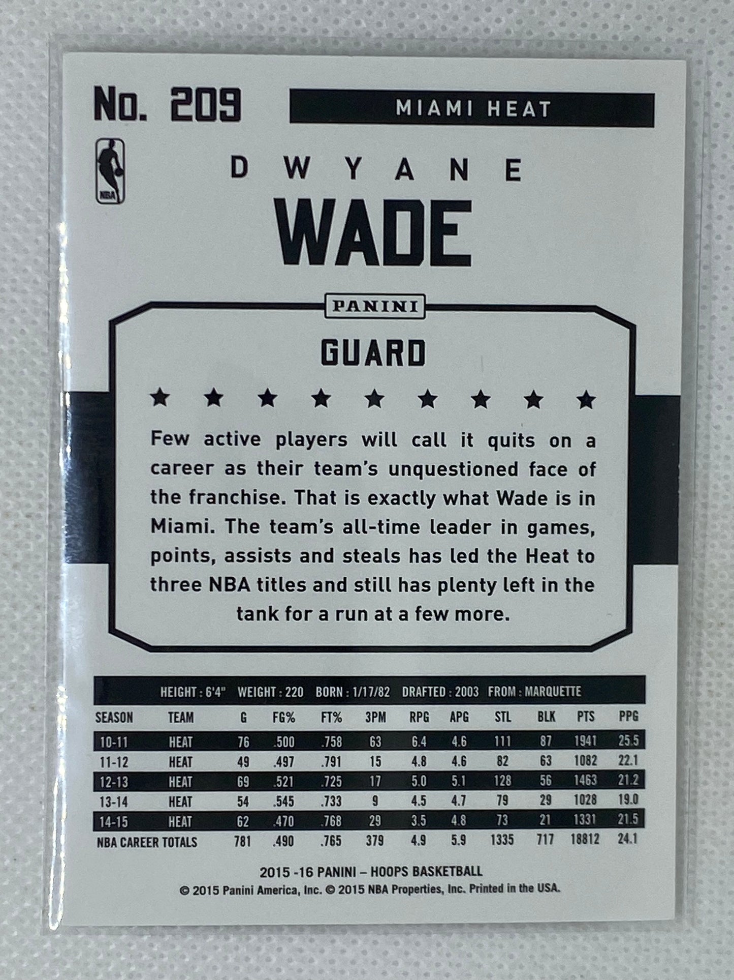 2015-16 Panini Hoops Dwyane Wade #209 Miami Heat