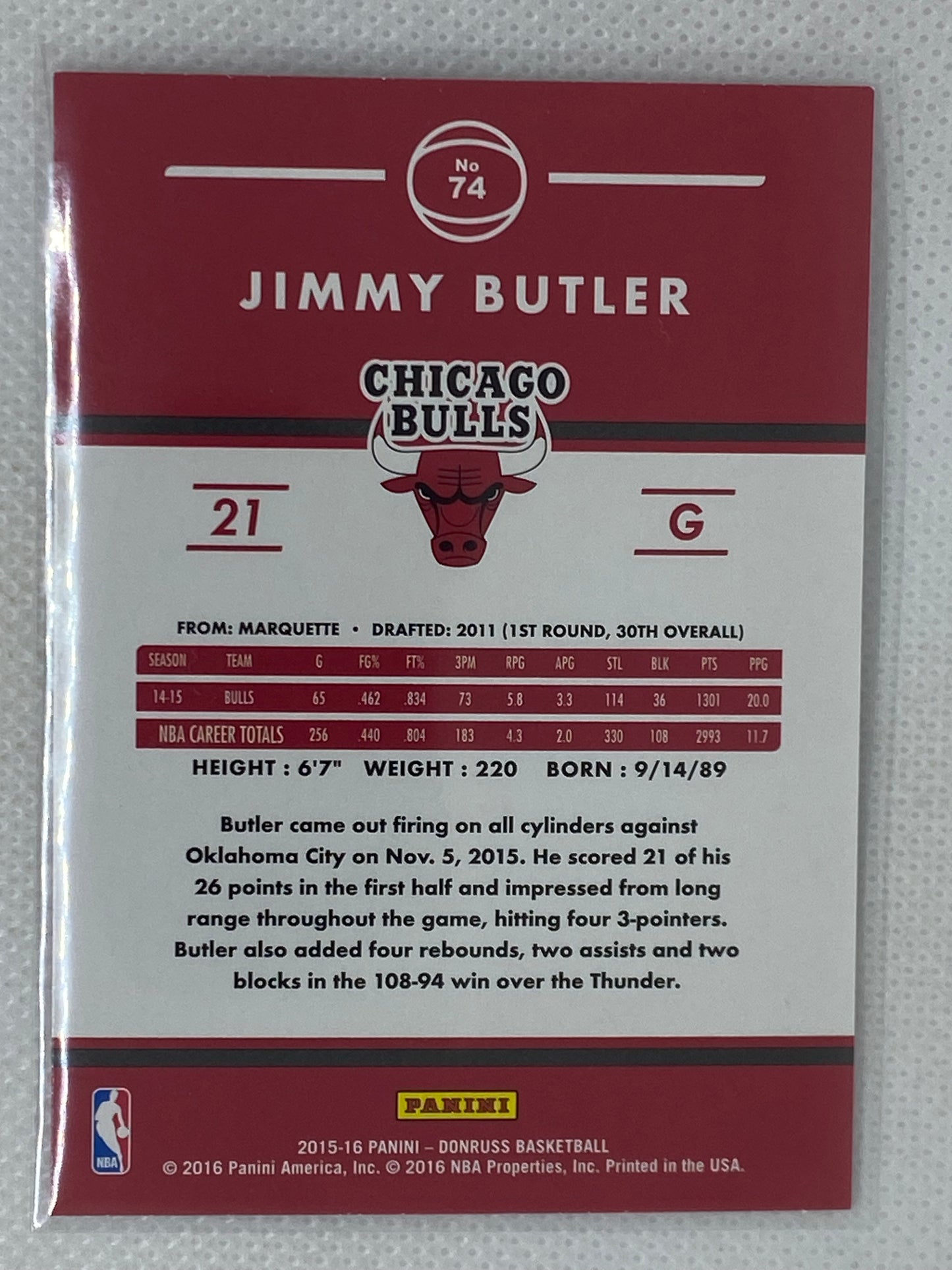 2015-16 Donruss Chicago Bulls Basketball Card #74 Jimmy Butler