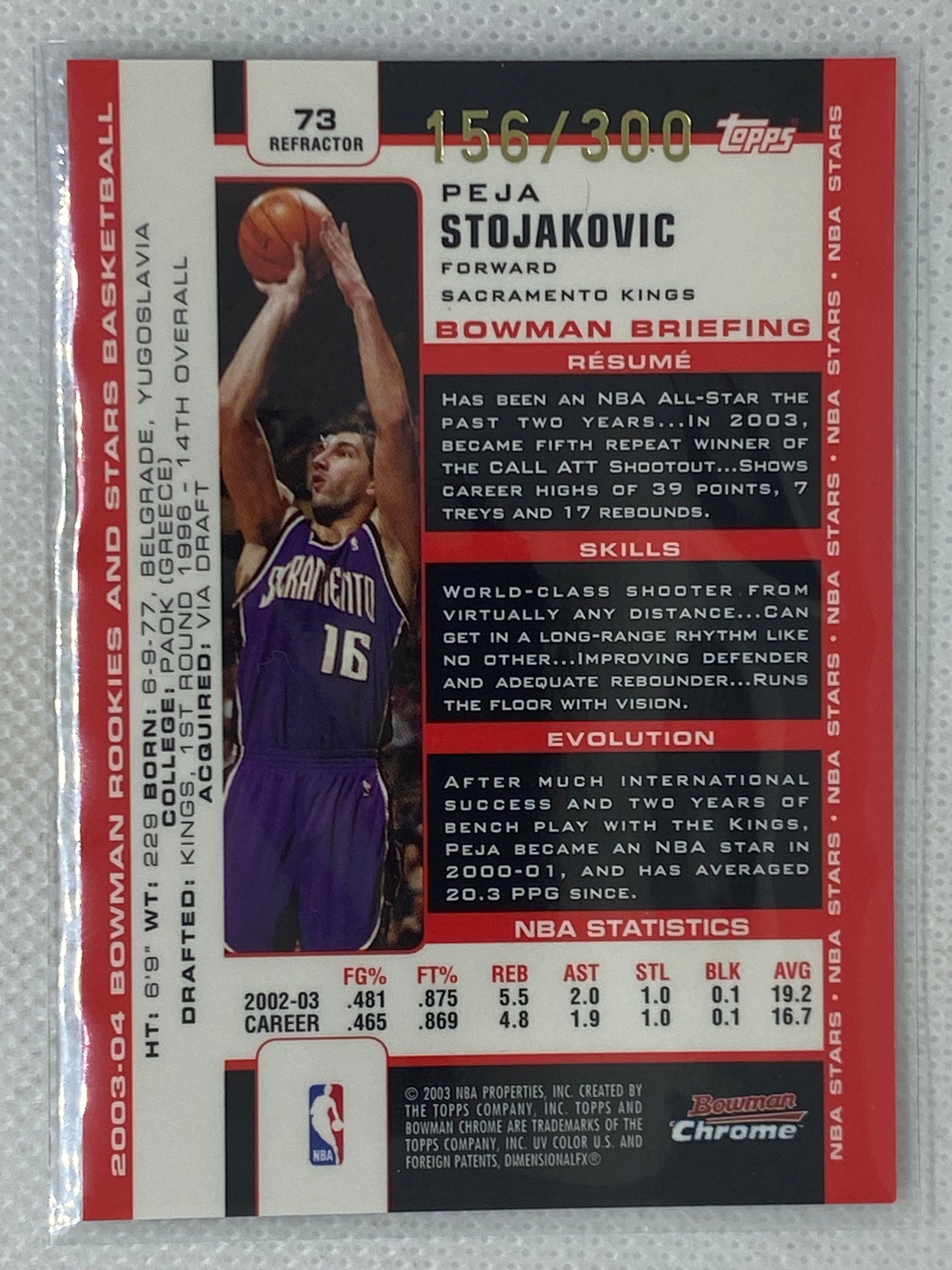 2003-04 Peja Stojakovic Bowman Chrome X-fractor #73 /300 Sacramento Kings