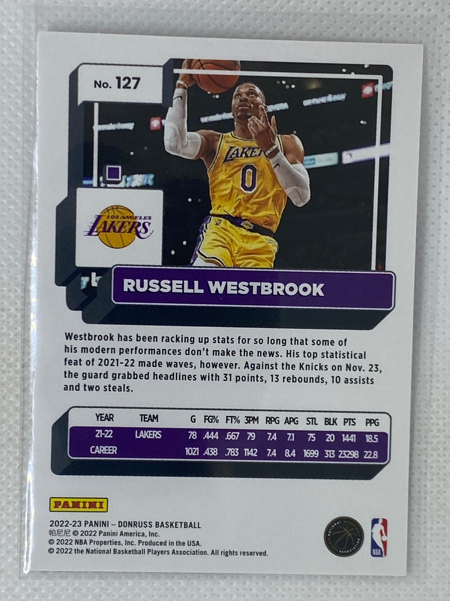 2022-23 Panini Donruss Basketball Russell Westbrook Card #127 Los Angeles Lakers