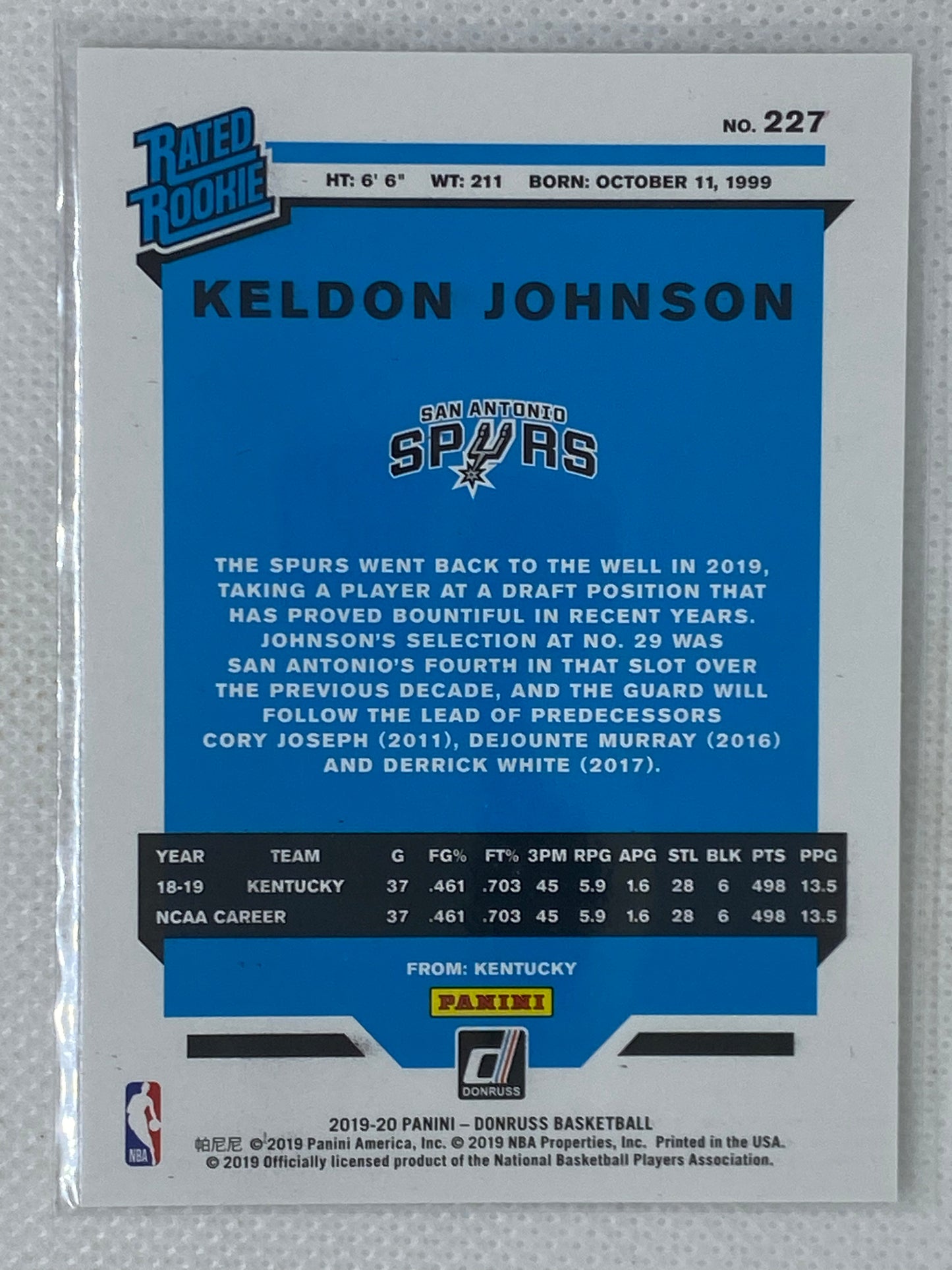 2019-20 Panini Donruss Basketball Keldon Johnson Rated Rookie Card #227