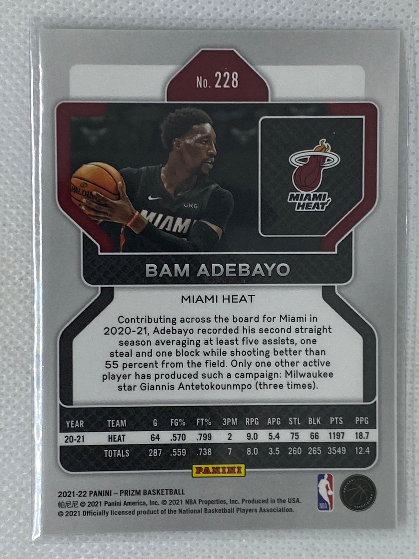 2021-22 Panini Prizm Bam Adebayo #228 Miami Heat Basketball Card