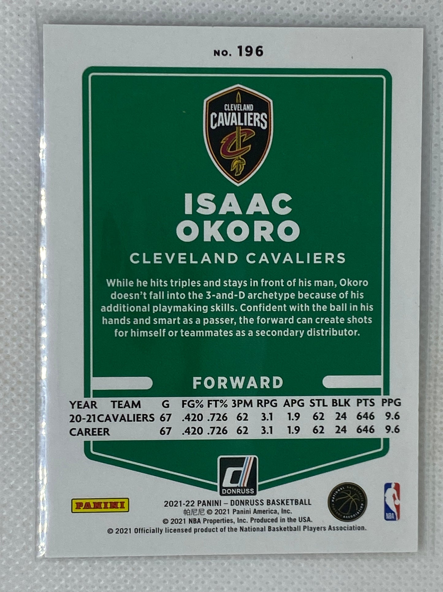 2021-22 Panini Donruss Green/Yellow Laser SP Isaac Okoro #196