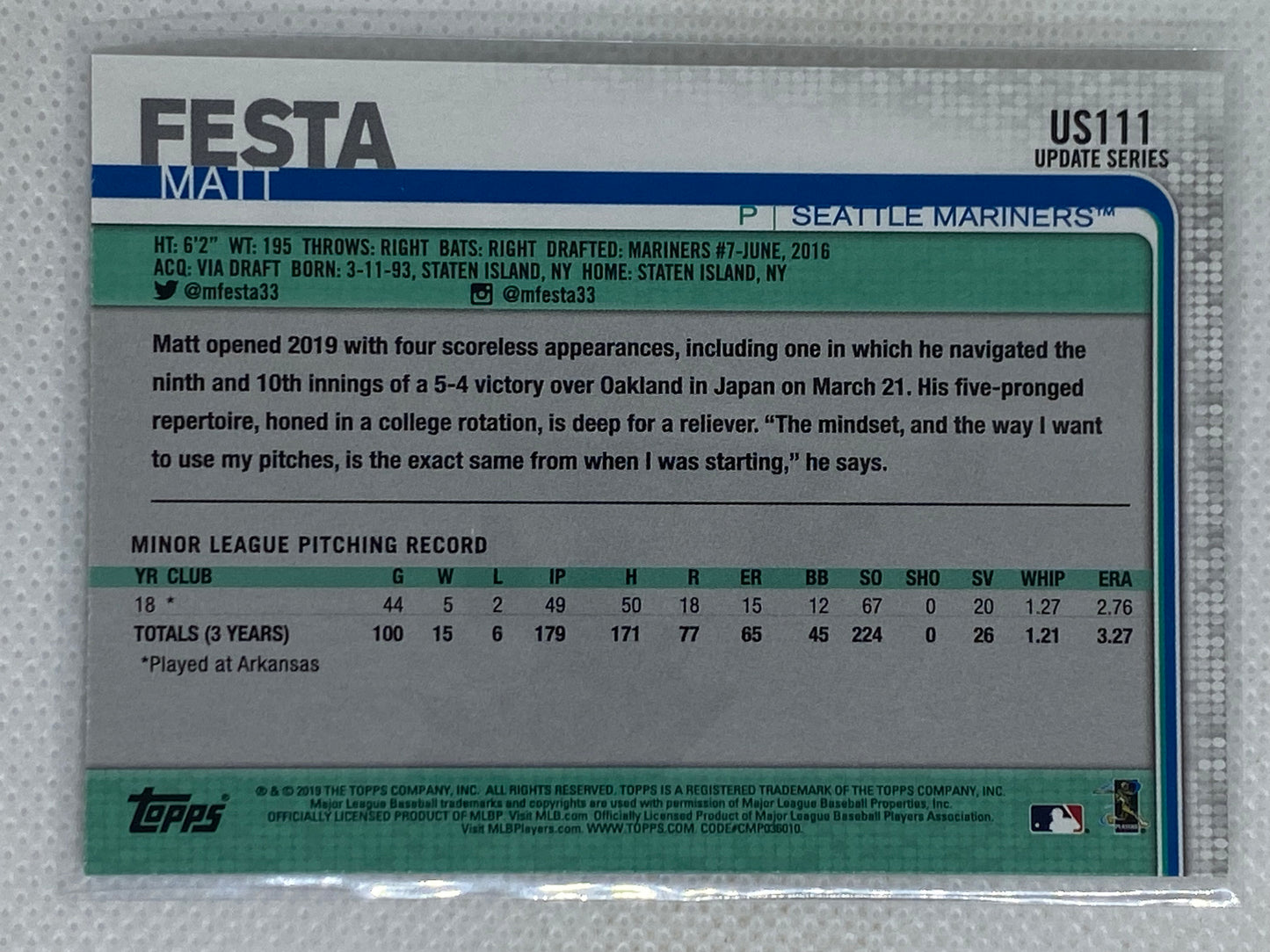 2019 Topps Update Matt Festa Seattle Mariners #US111 RC