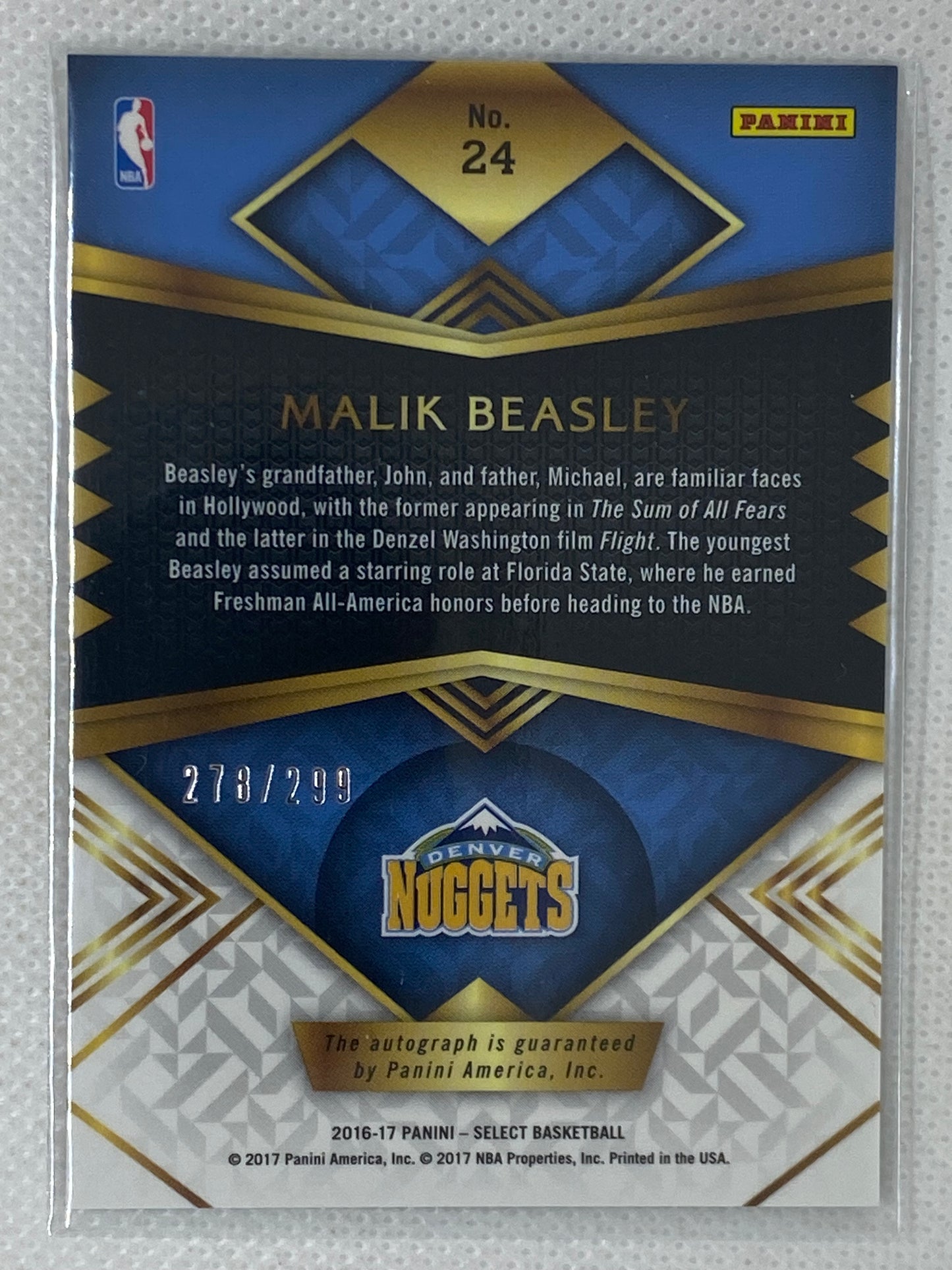 2016-17 Panini Select Rookie Signatures /299 Malik Beasley #24 Denver Nuggets