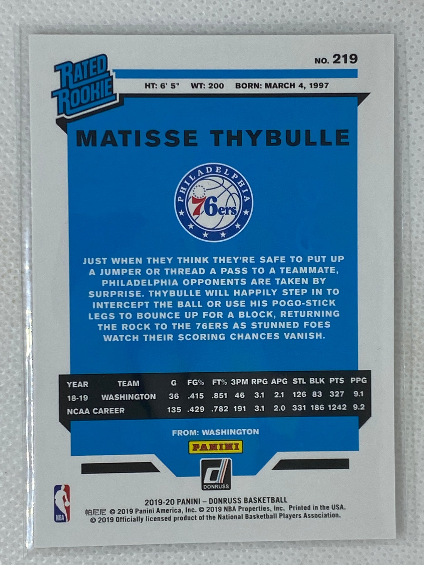 2019-20 NBA Hoops Matisse Thybulle RC Base Rookie #239 Philadelphia 76ers