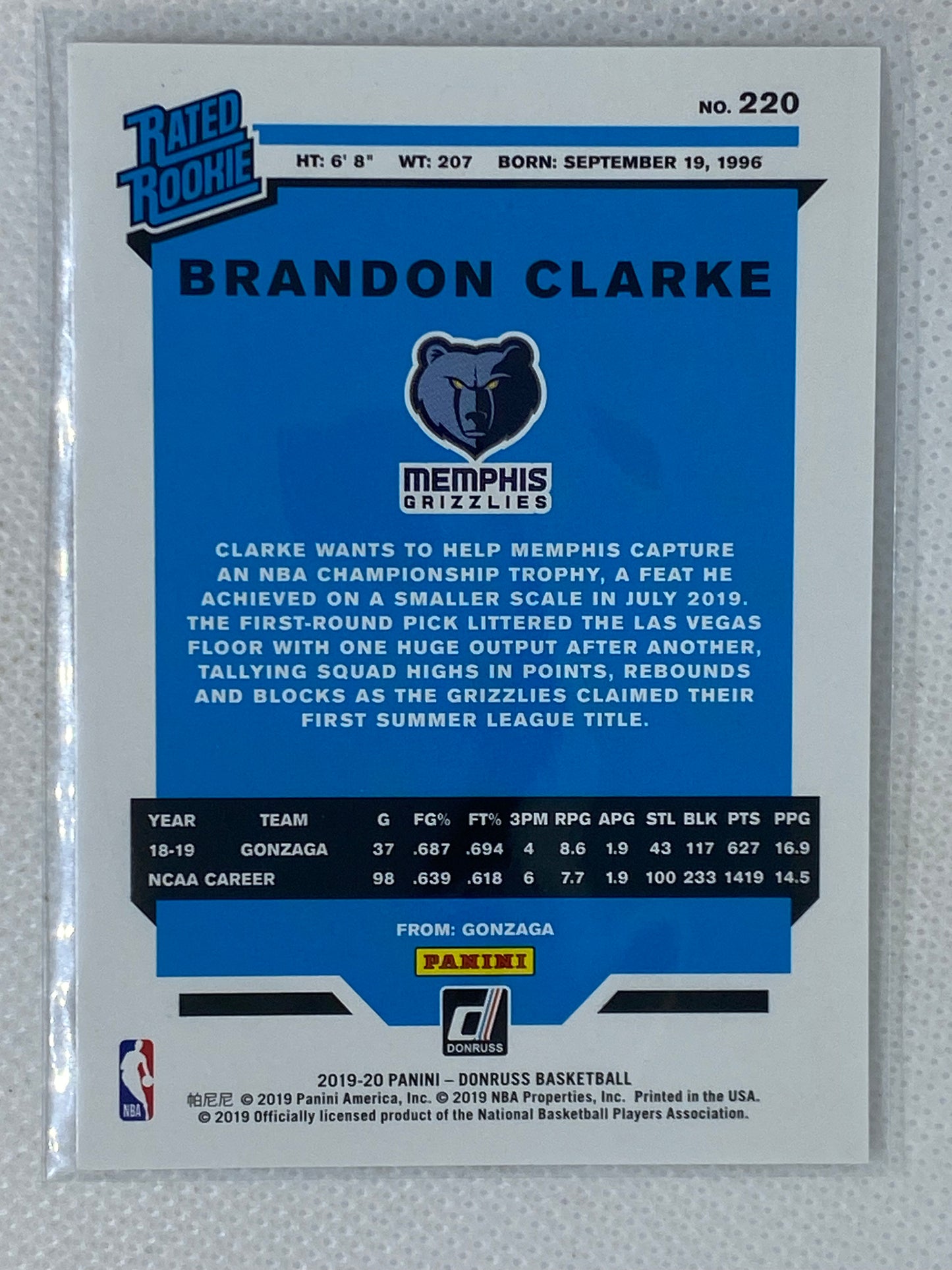 2019 Donruss Rated Rookie RC #220 Brandon Clarke Rookie Memphis Grizzlies