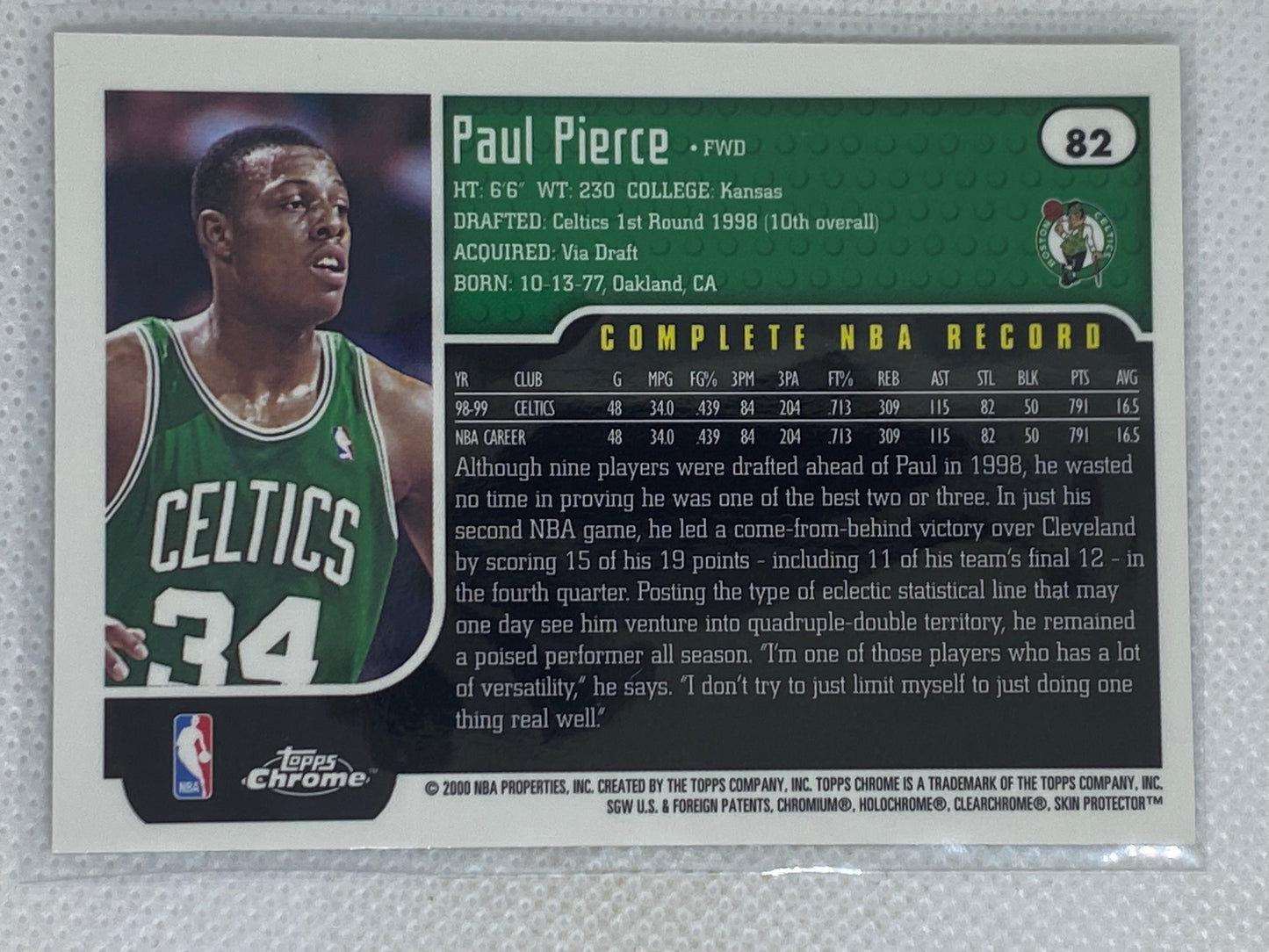 1999-00 Topps Chrome Celtics Paul Pierce #82 2nd yr