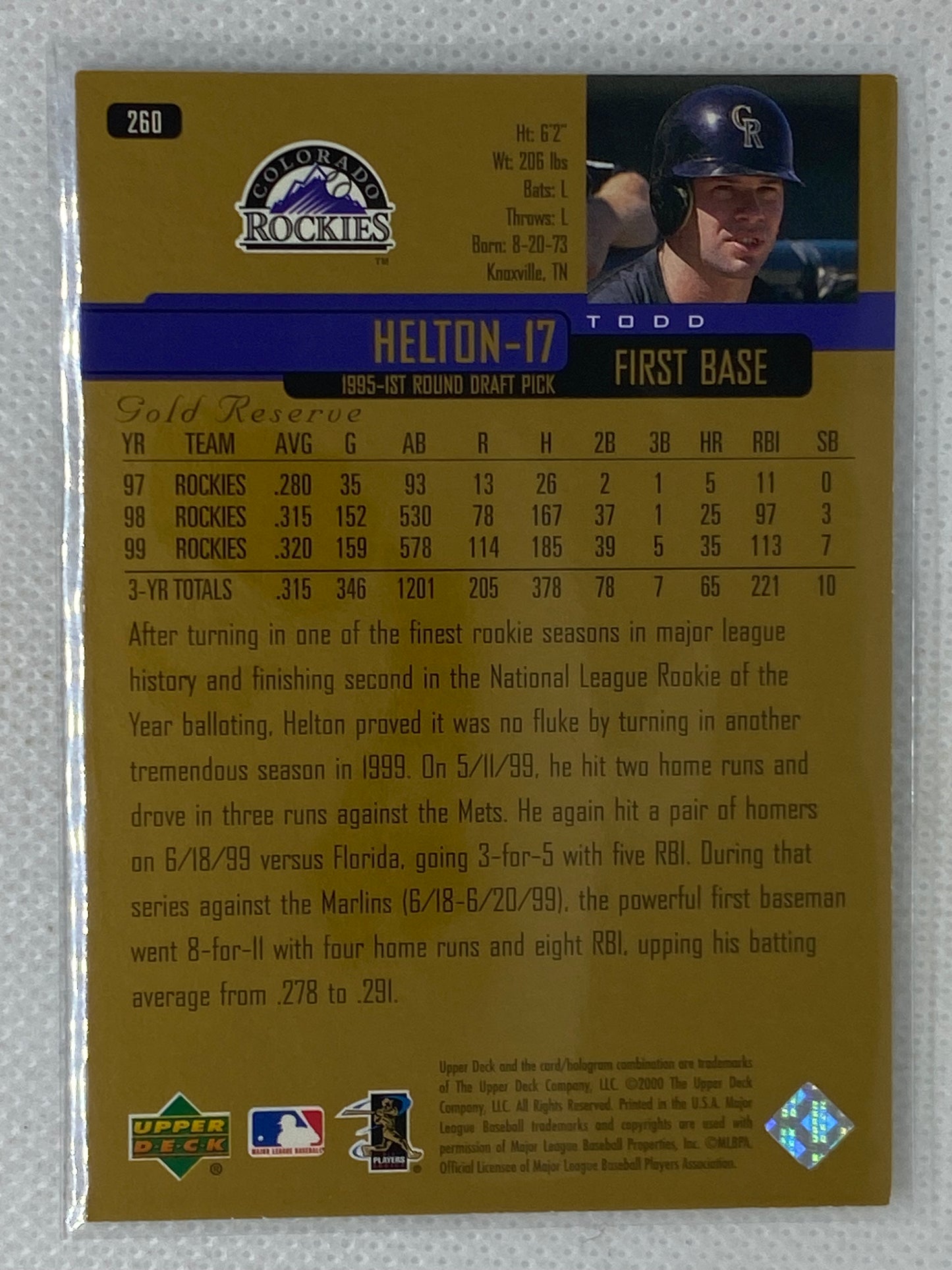 2000 Upper Deck Gold Reserve Baseball Card #260 Todd Helton Colorado Rockies