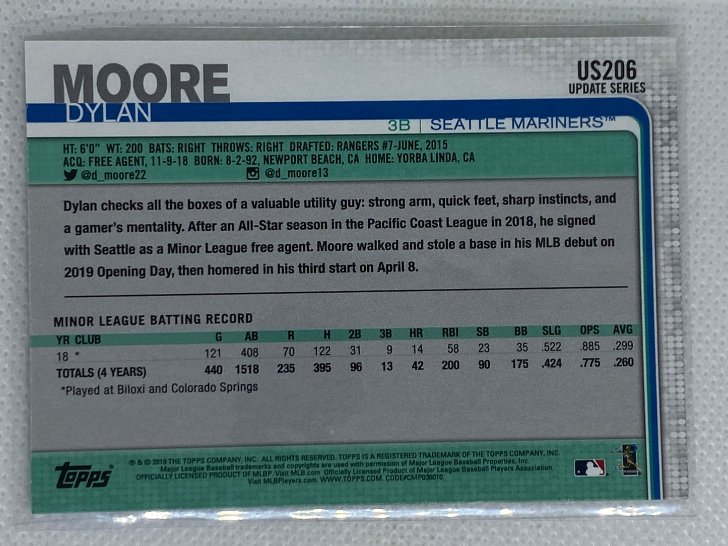 2019 Topps Update Dylan Moore RC #US206 - SEATTLE MARINERS