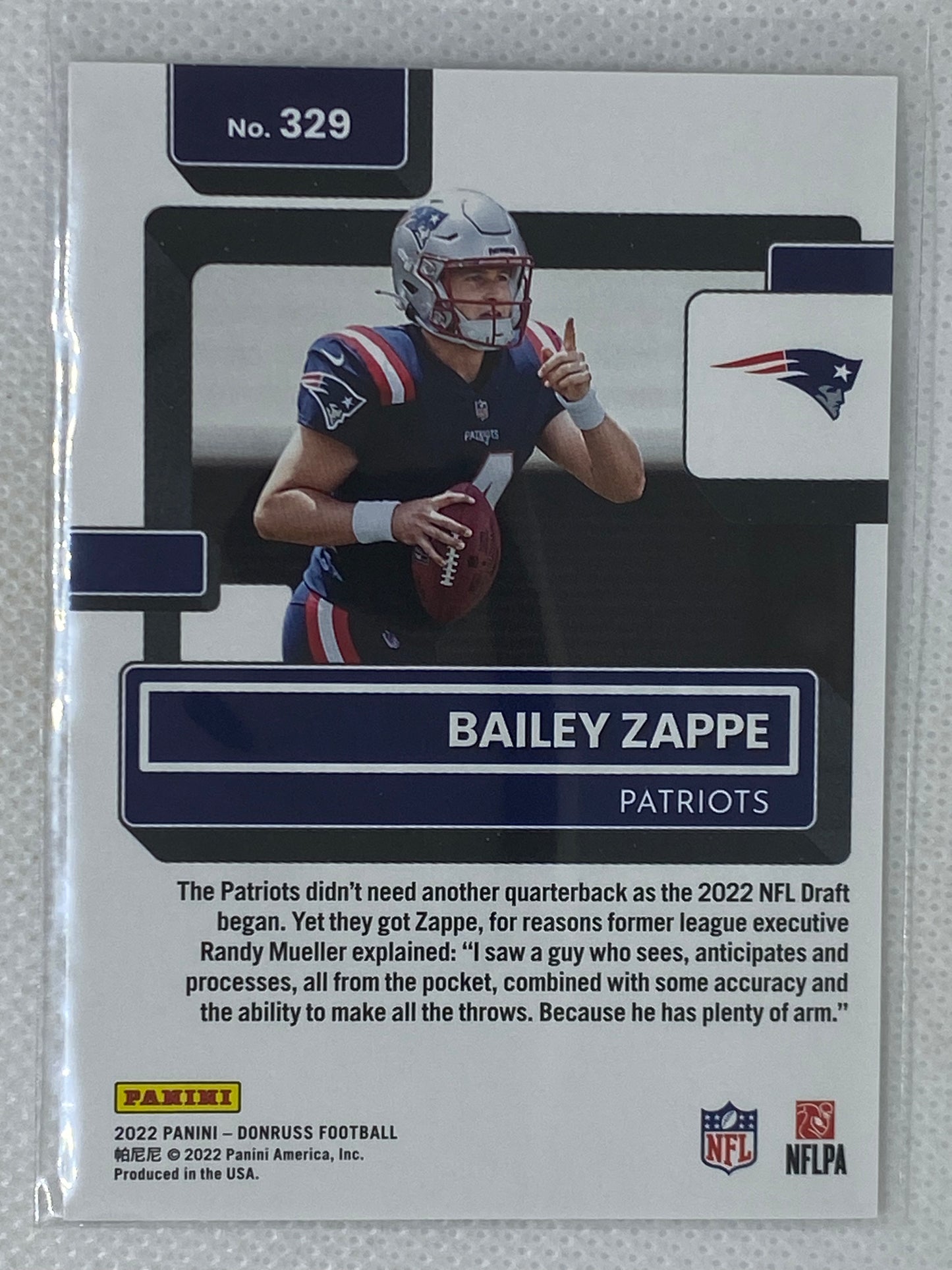 2022 Panini Donruss Bailey Zappe Rookie New England Patriots #329