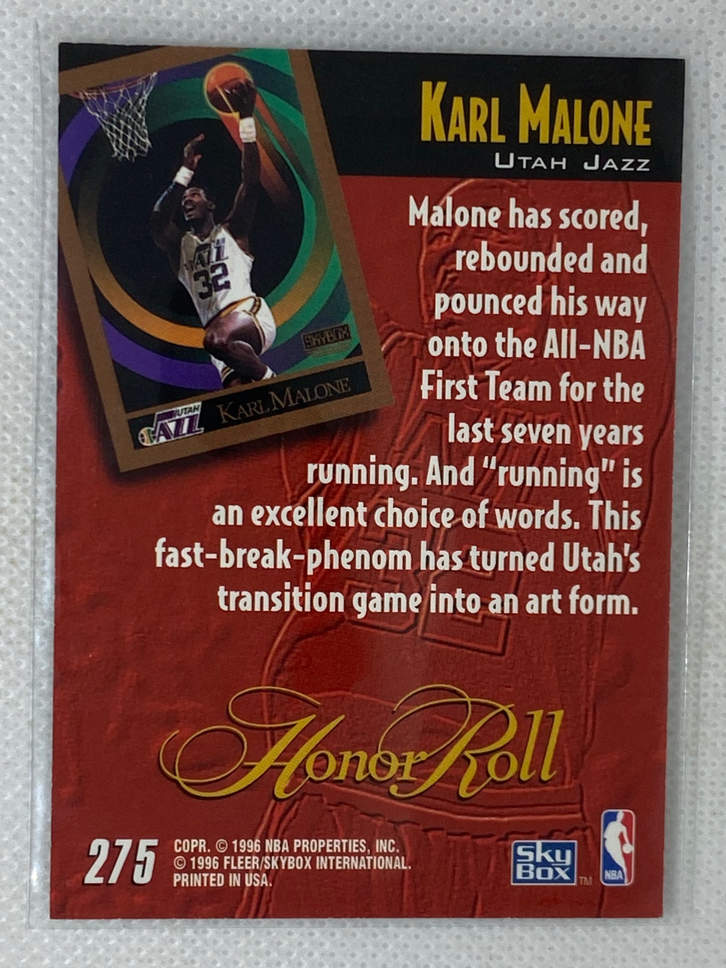 1996 Skybox Honor Roll #275 Karl Malone Utah Jazz