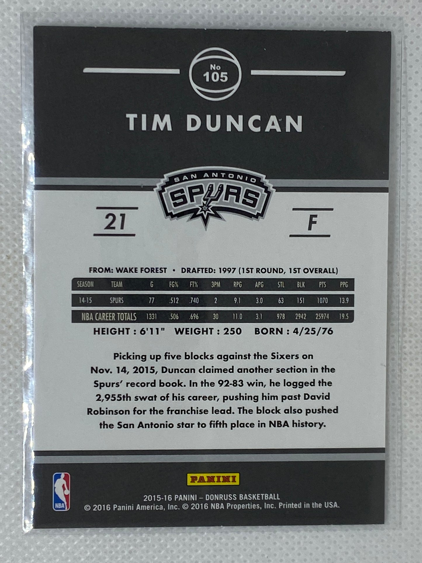 2015-16 Donruss Basketball Tim Duncan #105 San Antonio Spurs