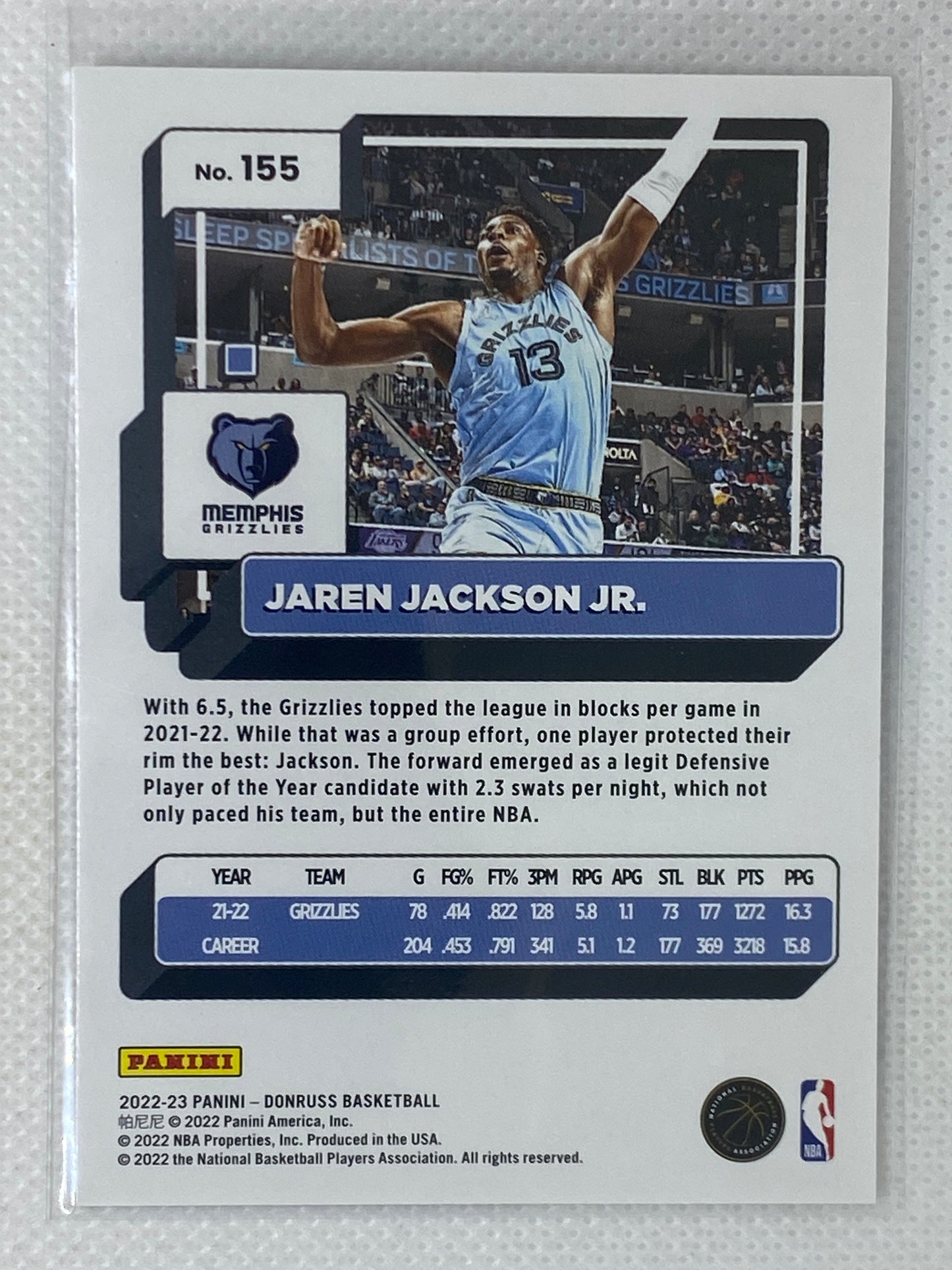 2022-23 Donruss Basketball Base #155 Jaren Jackson Jr. Memphis Grizzlies