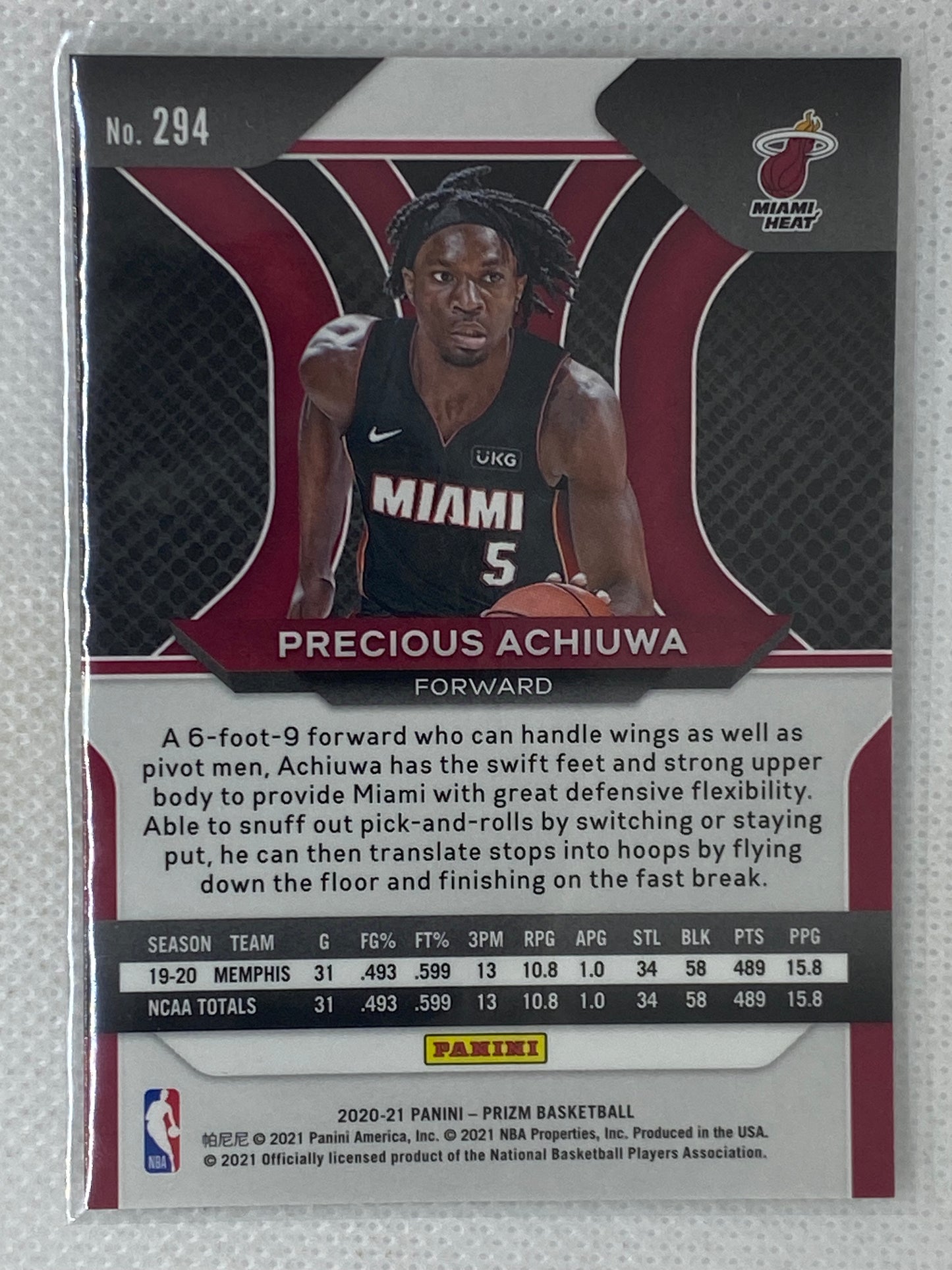 2020-21 Precious Achiuwa Panini Prizm Base Rookie RC #294 Miami Heat