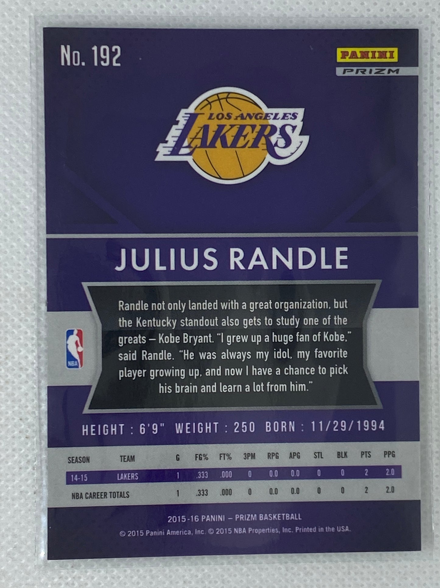 2015-16 Panini Prizm Julius Randle #192 Silver Prizm Lakers Knicks