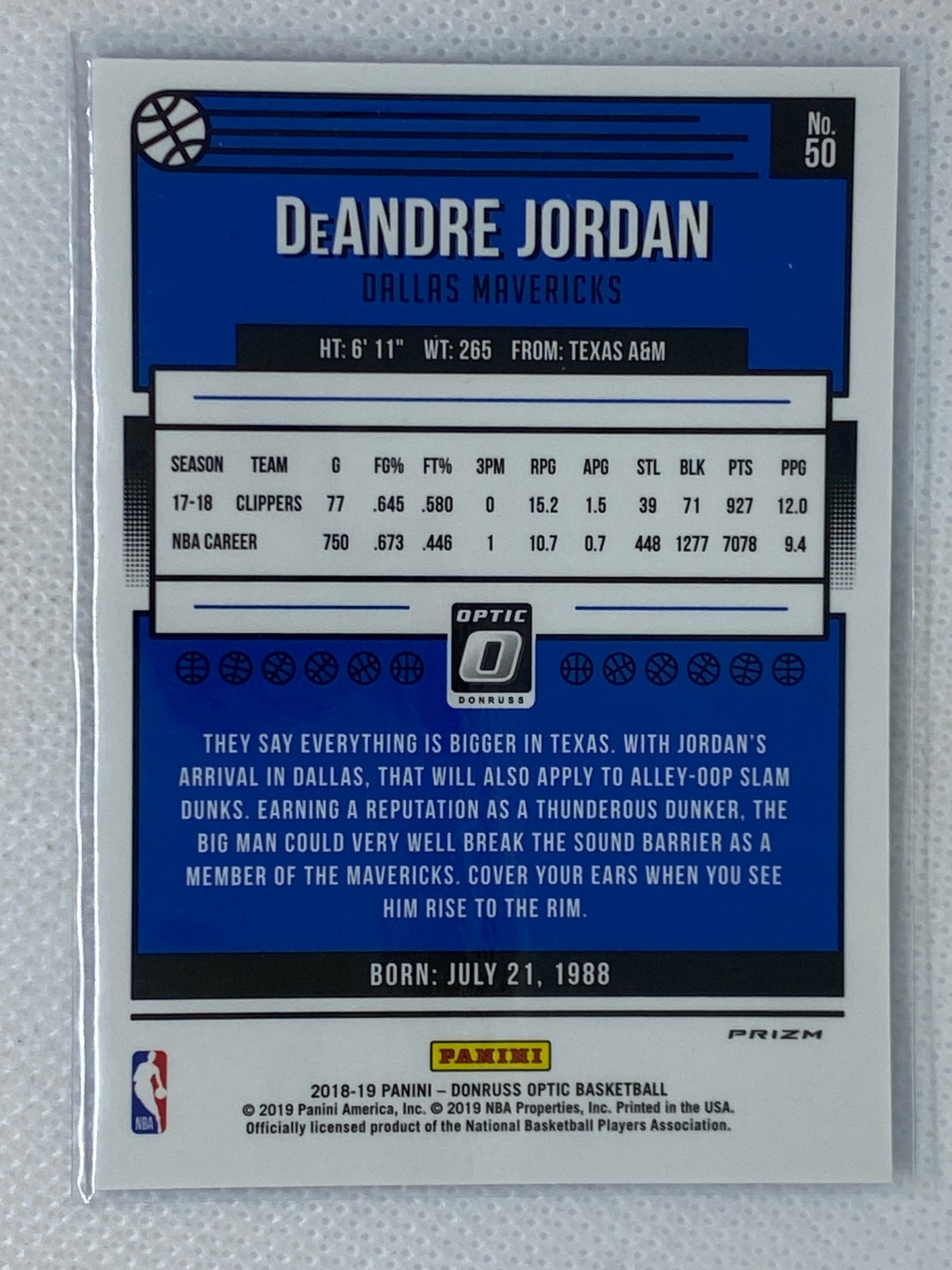 2018-19 Donruss Optic #50 DeAndre Jordan Blue Velocity