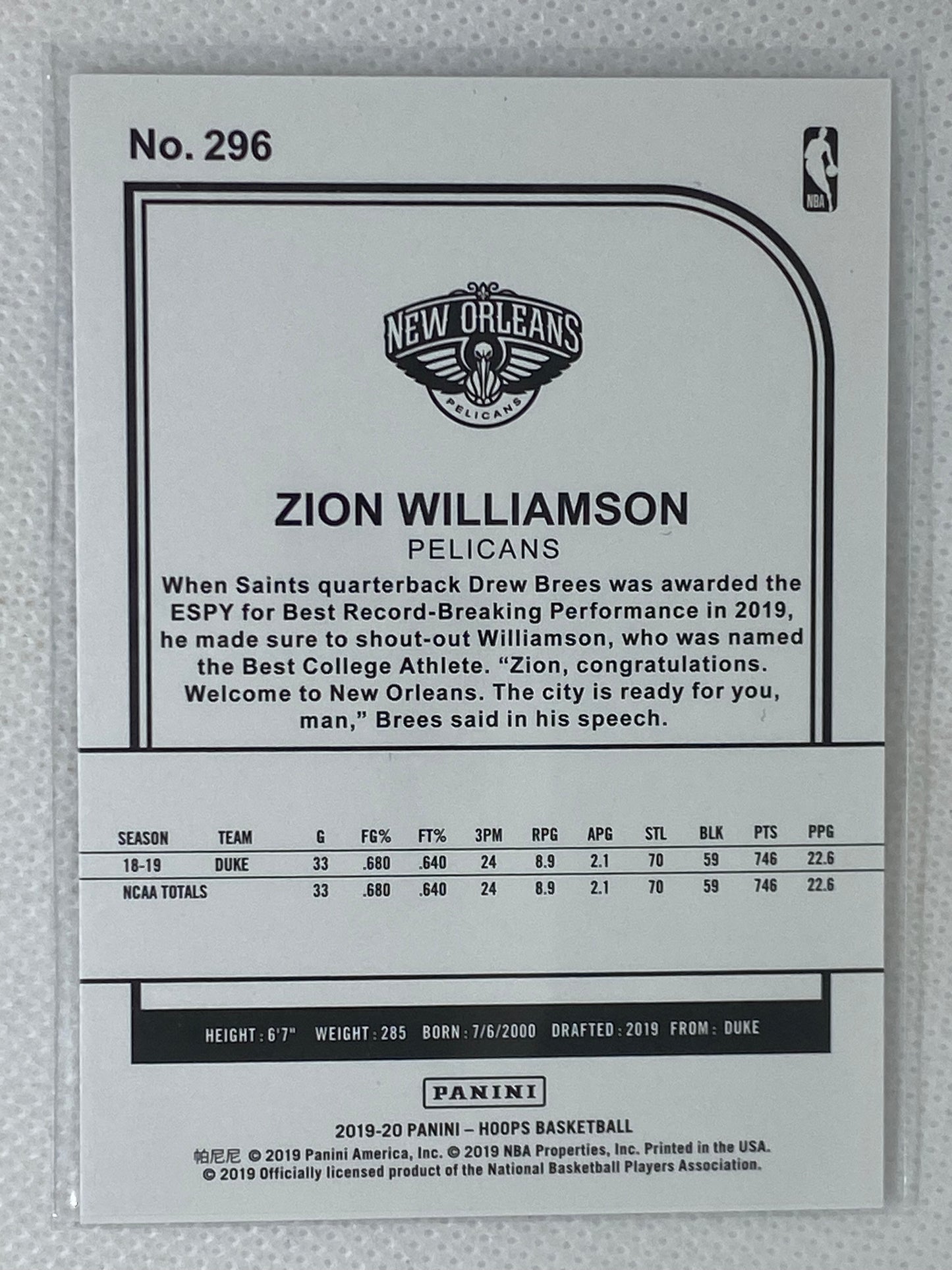 2019-20 Panini NBA Hoops Zion Williamson Rookie RC Tribute #296