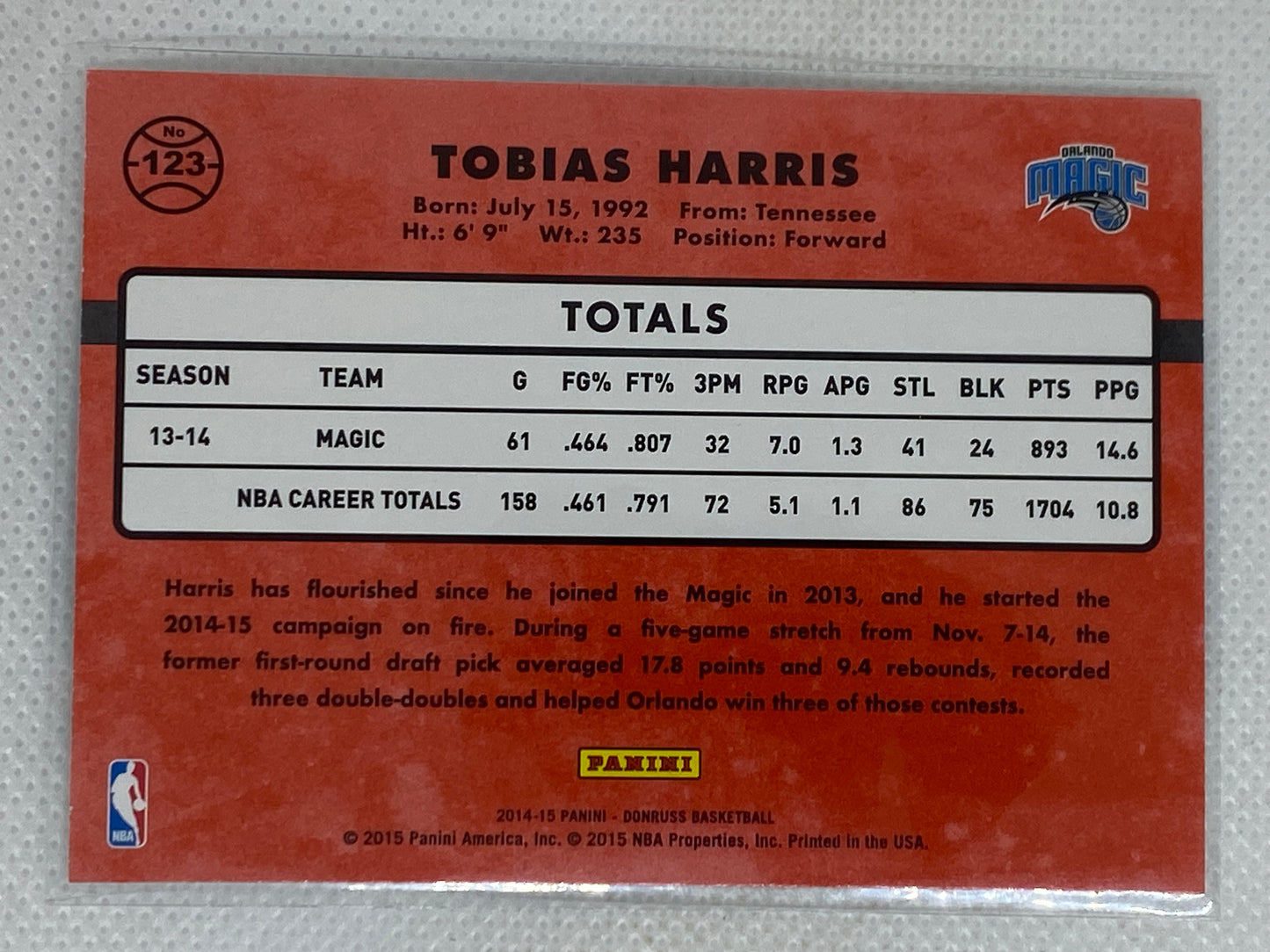 2014-15 Panini Donruss Base #123 Tobias Harris Orlando Magic