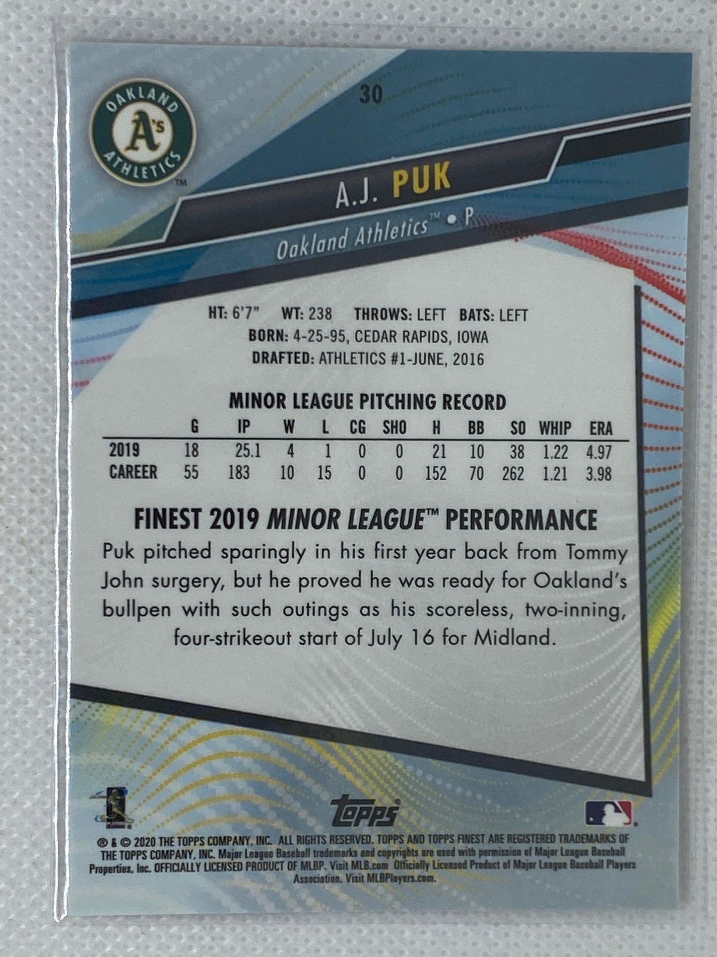 AJ Puk 2020 Topps Finest #30 Rookie RC