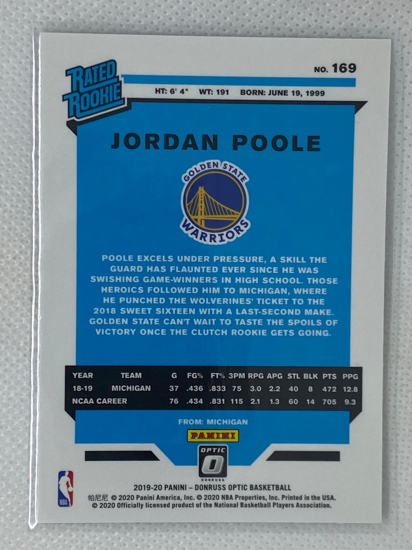 2019-20 Donruss Optic Rated Rookie Jordan Poole RC #169 Golden State Warriors