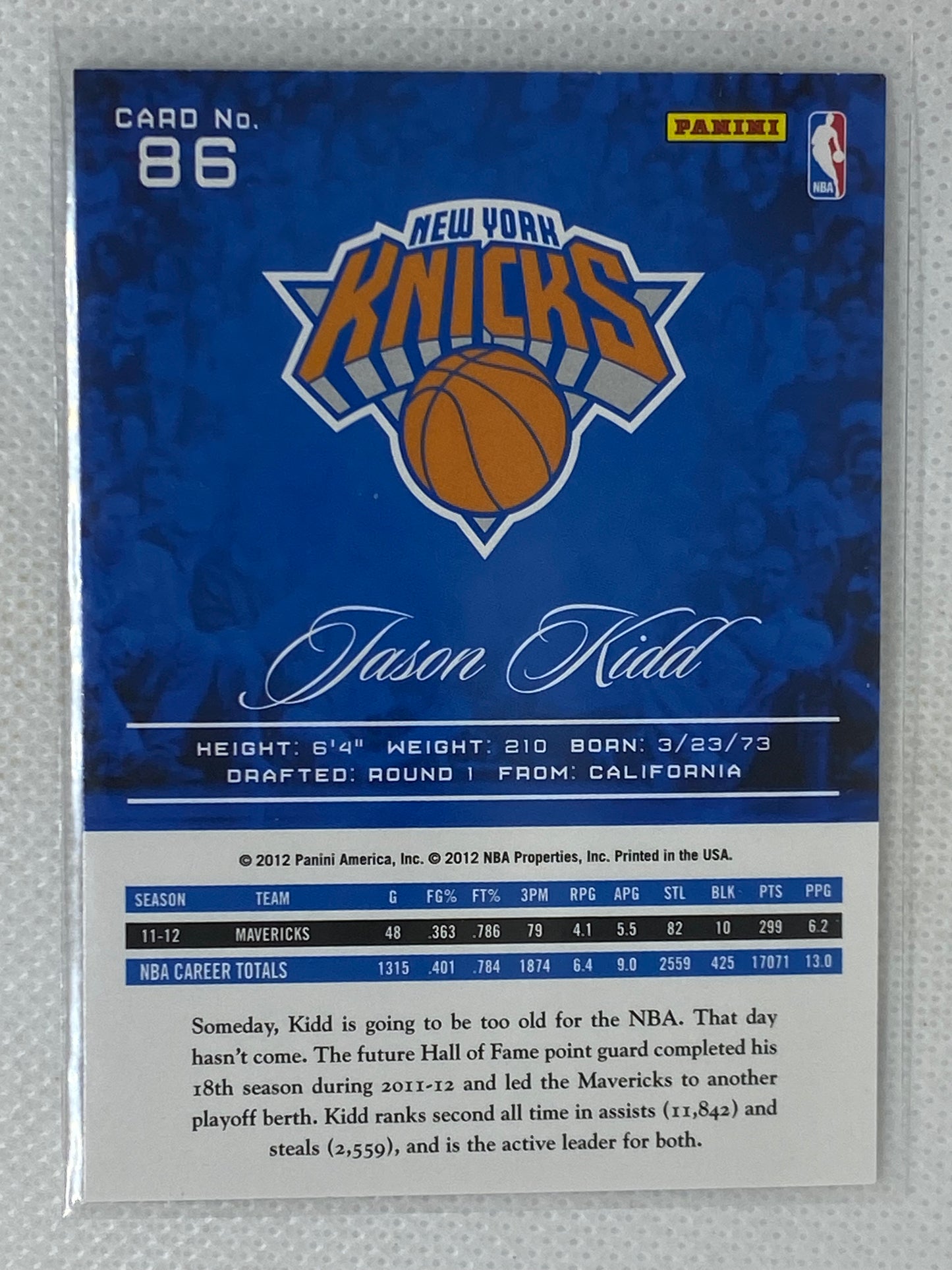 2012-13 Panini Prestige Basketball Jason Kidd Card #86 New York Knicks HOF