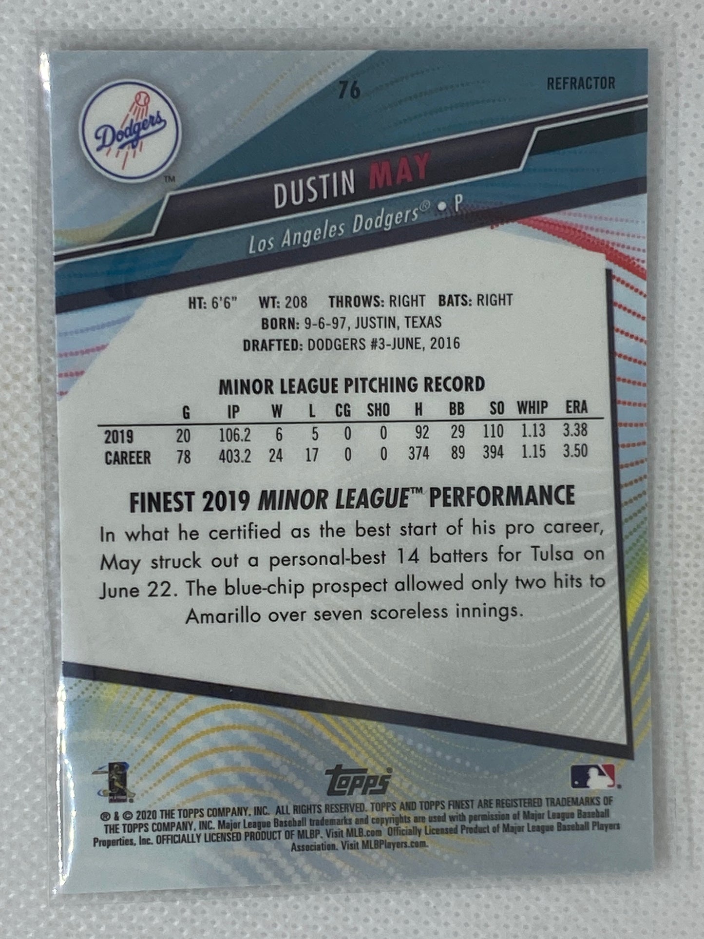 2020 Topps Finest Baseball Dustin May Rookie RC Refractor Card #76