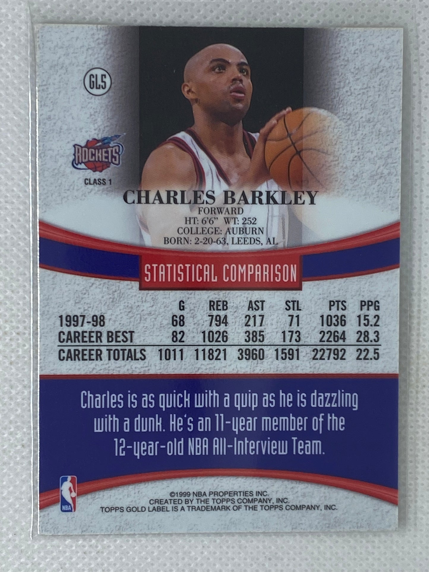 1998-99 Topps Gold Label Class 1 Card #GL5 Charles Barkley