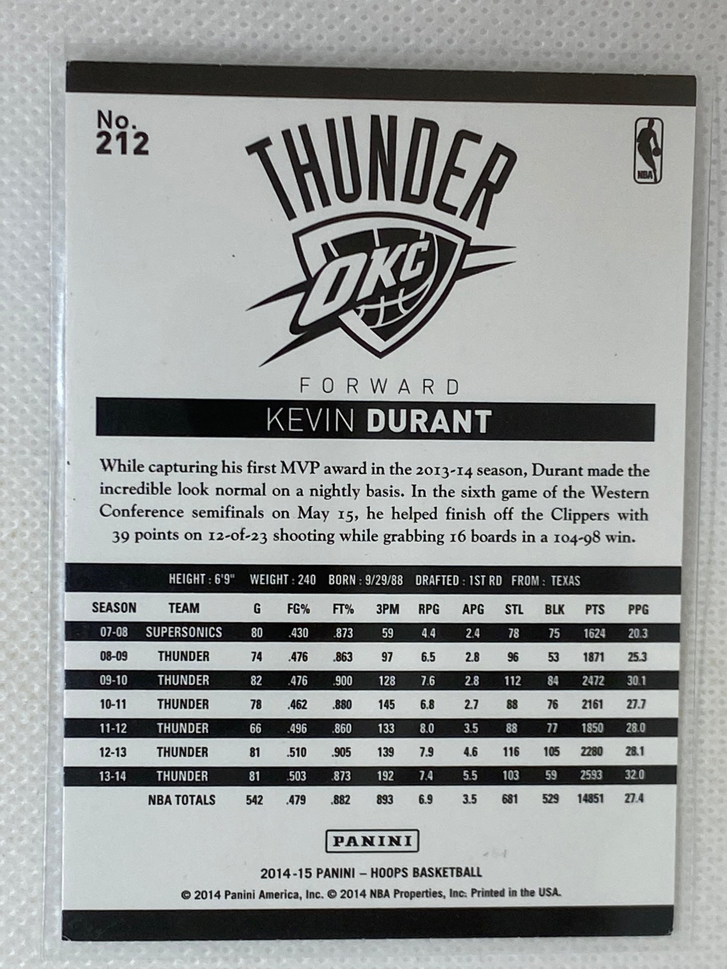 2014-15 Panini Hoops Kevin Durant #212 Oklahoma City Thunder