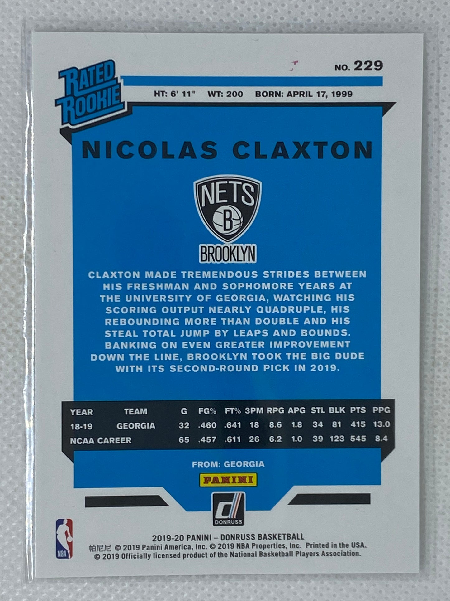 2019-20 Panini Donruss Rated Rookie Nic Claxton Nicolas Claxton #229 Rookie RC