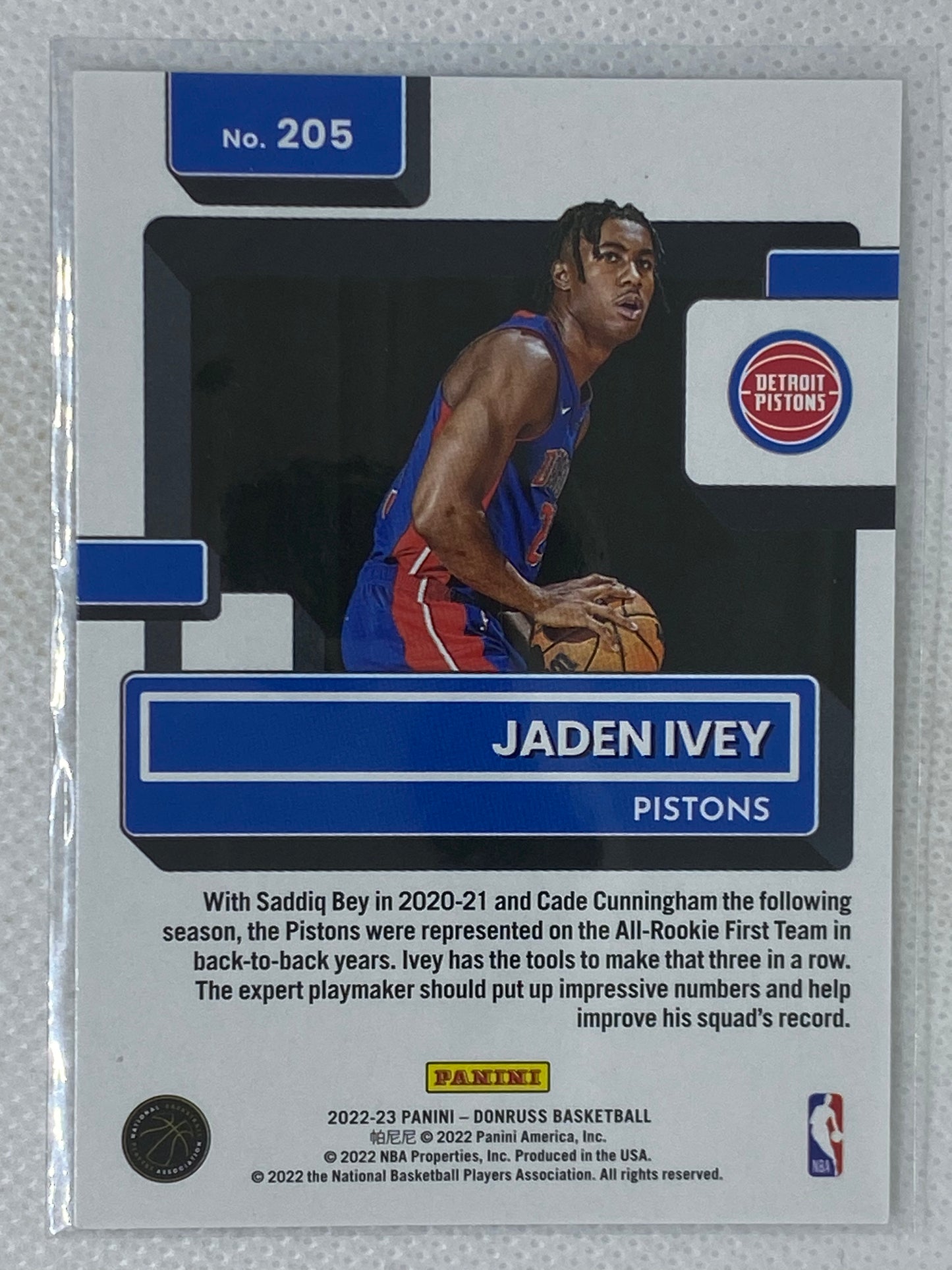 2022-23 Panini Donruss Jaden Ivey Rated Rookie Base Card RC Detroit Pistons #205