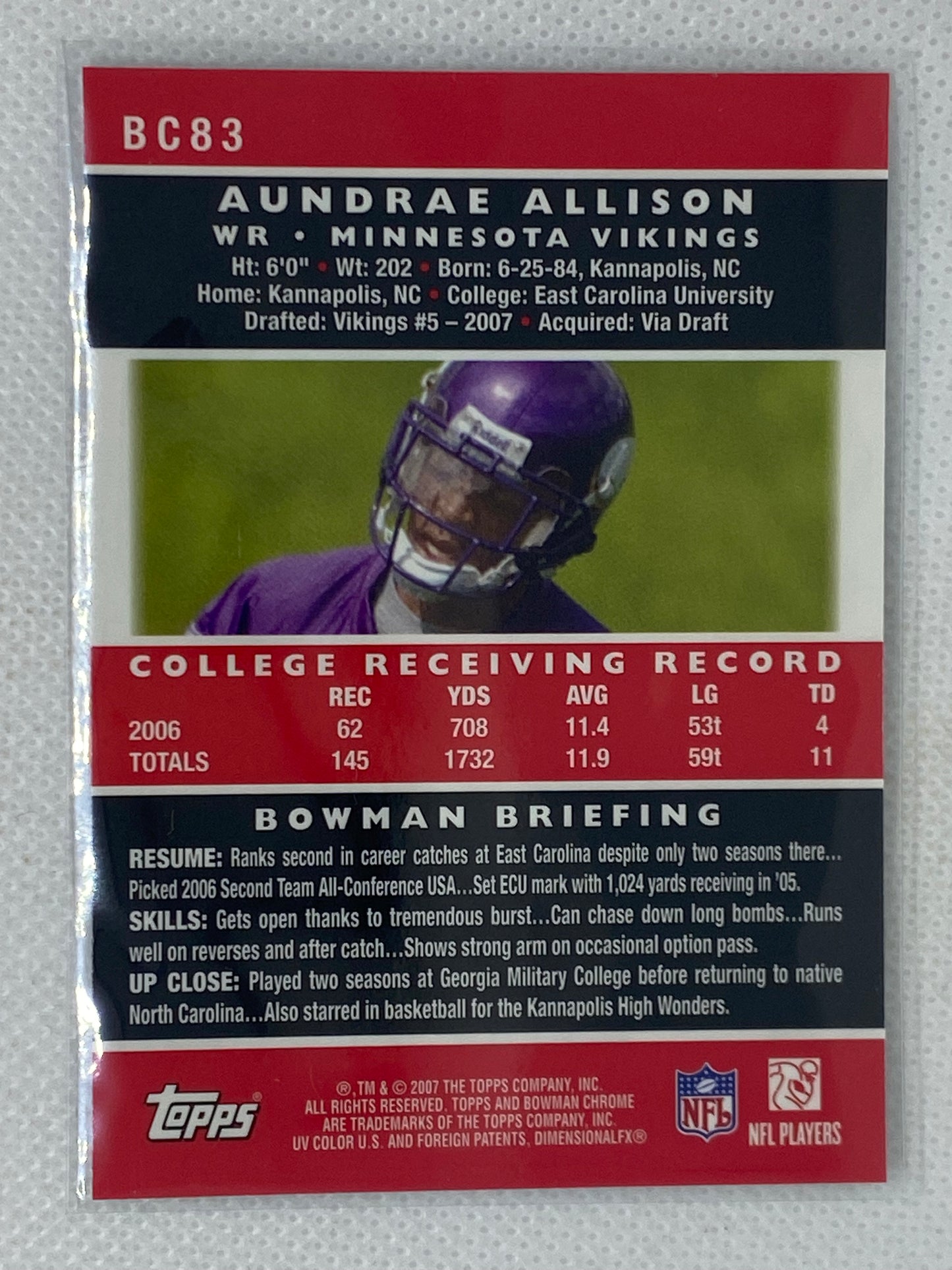 Aundrae Allison Vikings 2007 Bowman Chrome Rookie #BC83