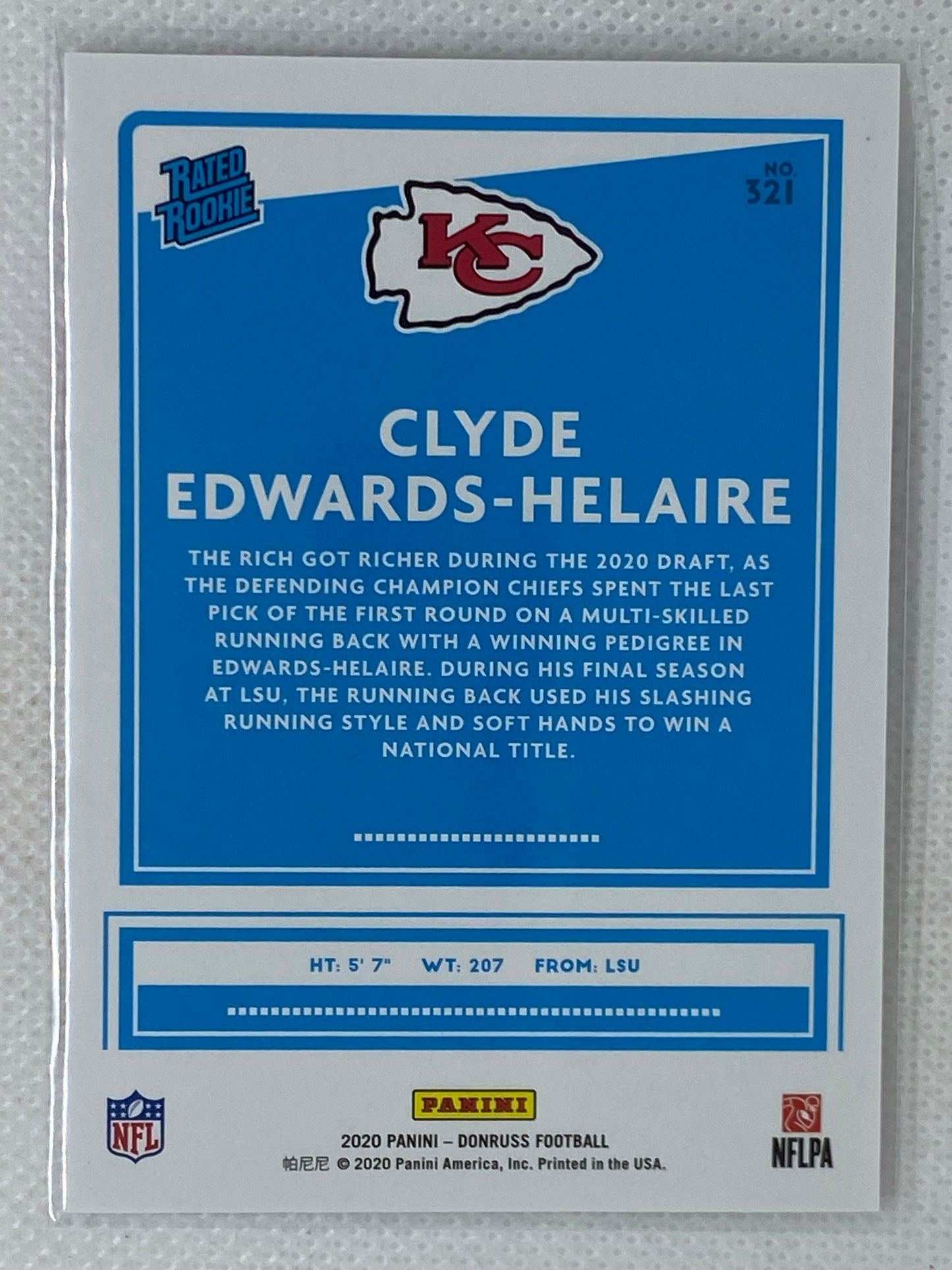 2020 Panini Donruss Rated Rookie #321 Clyde Edwards-Helaire Kansas City Chiefs