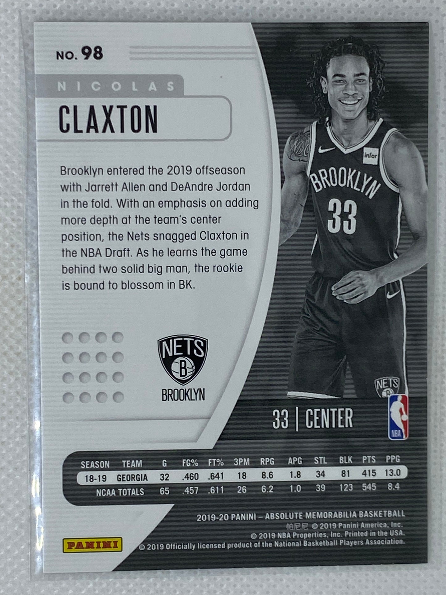 2019-20 Absolute Memorabilia Retail #98 Nicolas Claxton RC Rookie Nets