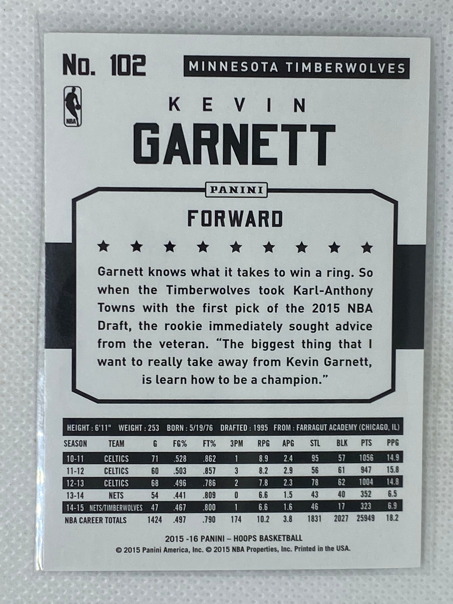 2015-16 Panini Hoops Kevin Garnett #102 Minnesota Timberwolves