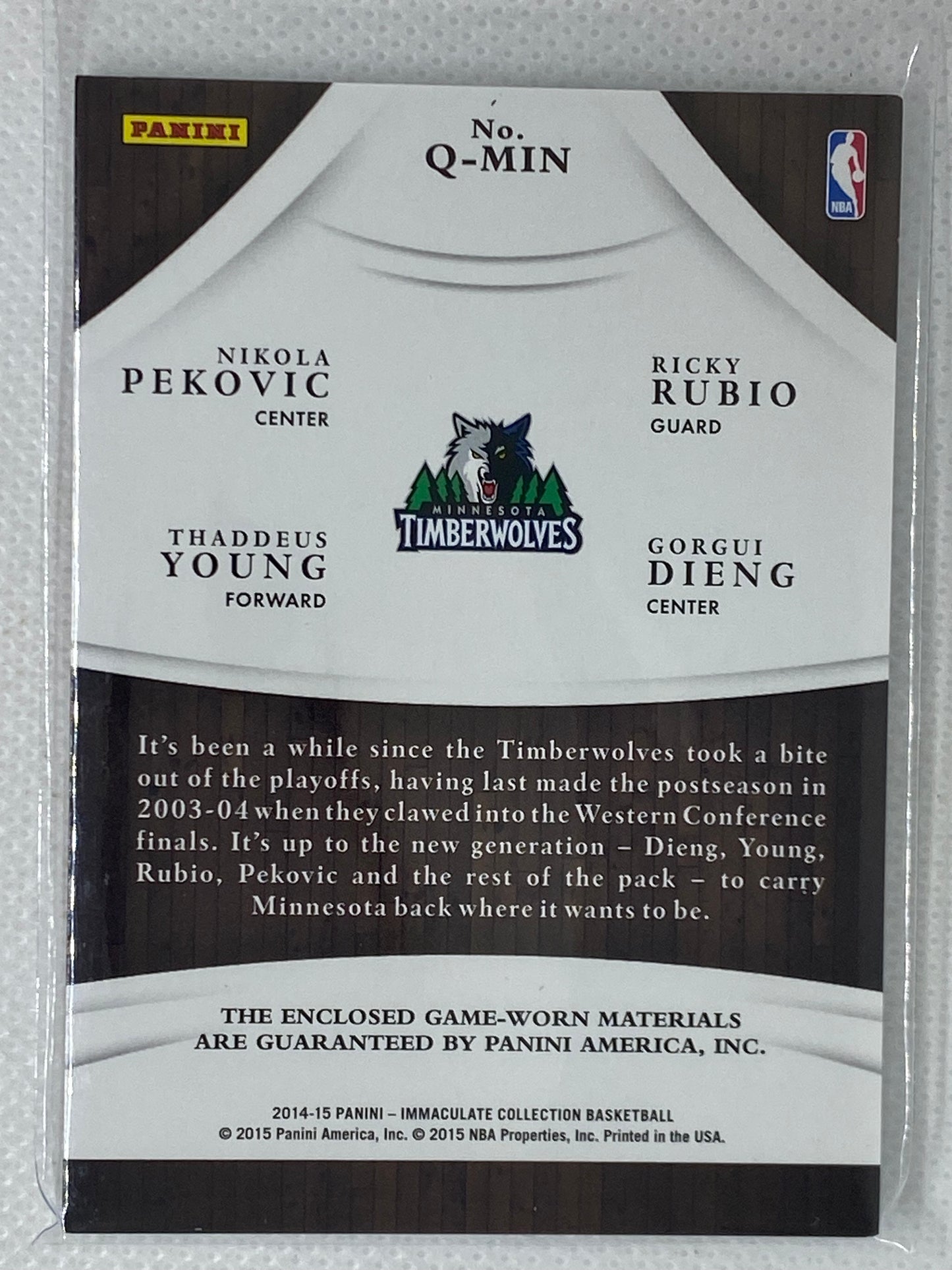 2014-15 Immaculate Quad Relics Patch /49 Gorgui Dieng, Nikola Pekovic, Ricky Rubio, Thaddeus Young Q-MIN